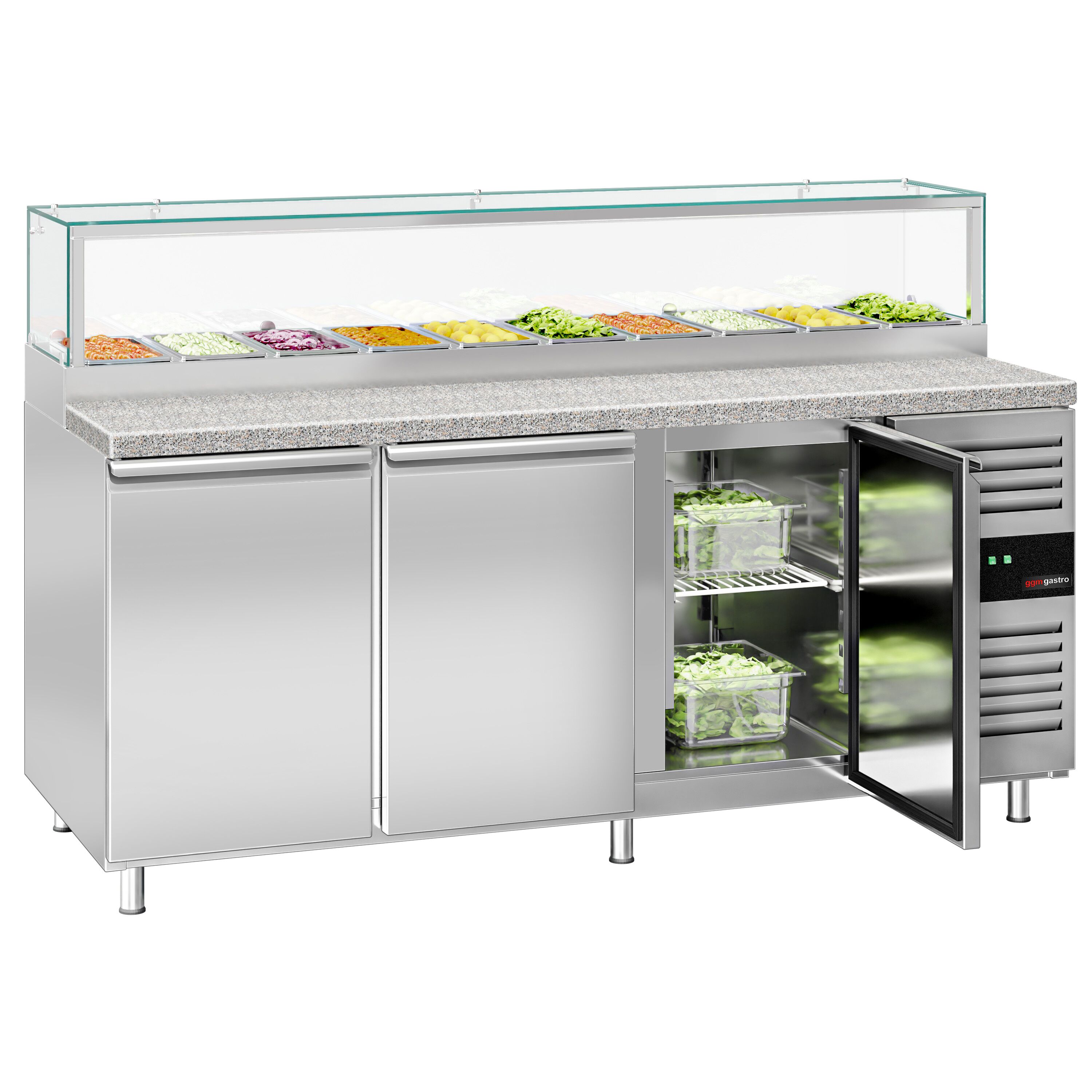 Saladette réfrigérée PREMIUM - 2020mm - 3 portes - avec vitrine de comptoir pour 10x GN 1/3 & 1 étagère - plan de travail en granit noir