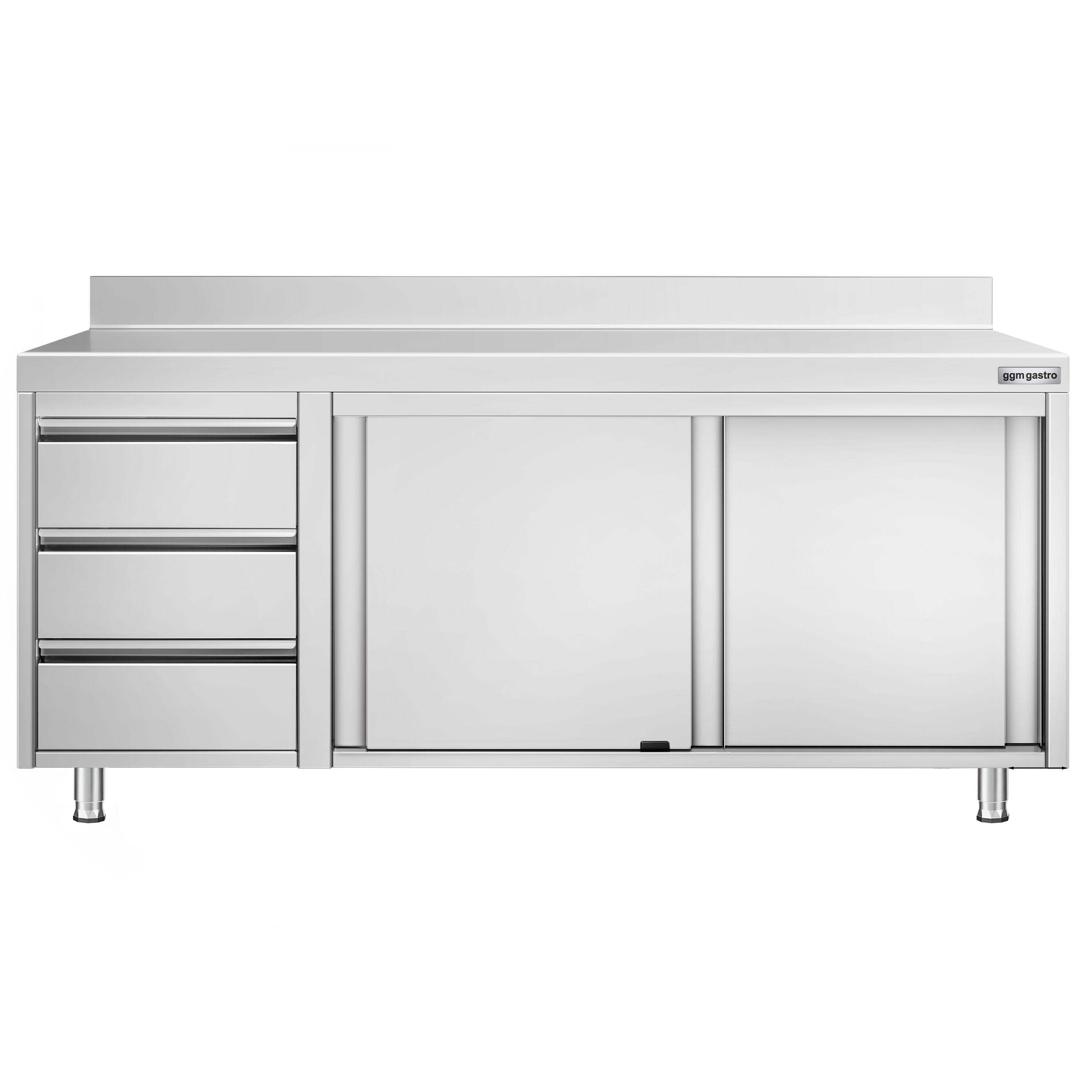 Table armoire en acier inoxydable PREMIUM - 2000x600mm - avec portes coulissantes et 3 tiroirs à gauche - avec dosseret