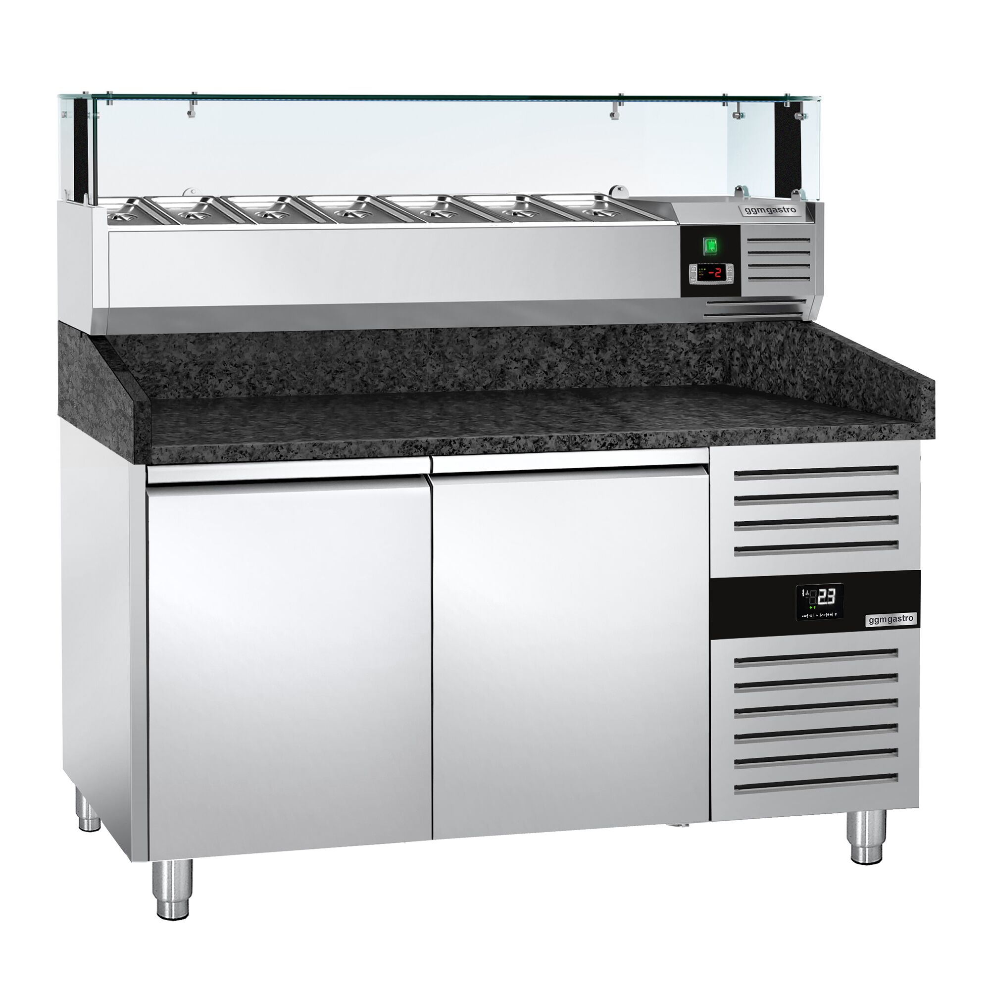 Table réfrigérée à pizza PREMIUM - 1500x800 mm - avec 2 portes - incl. vitrine réfrigérée LED - 7x GN 1/4