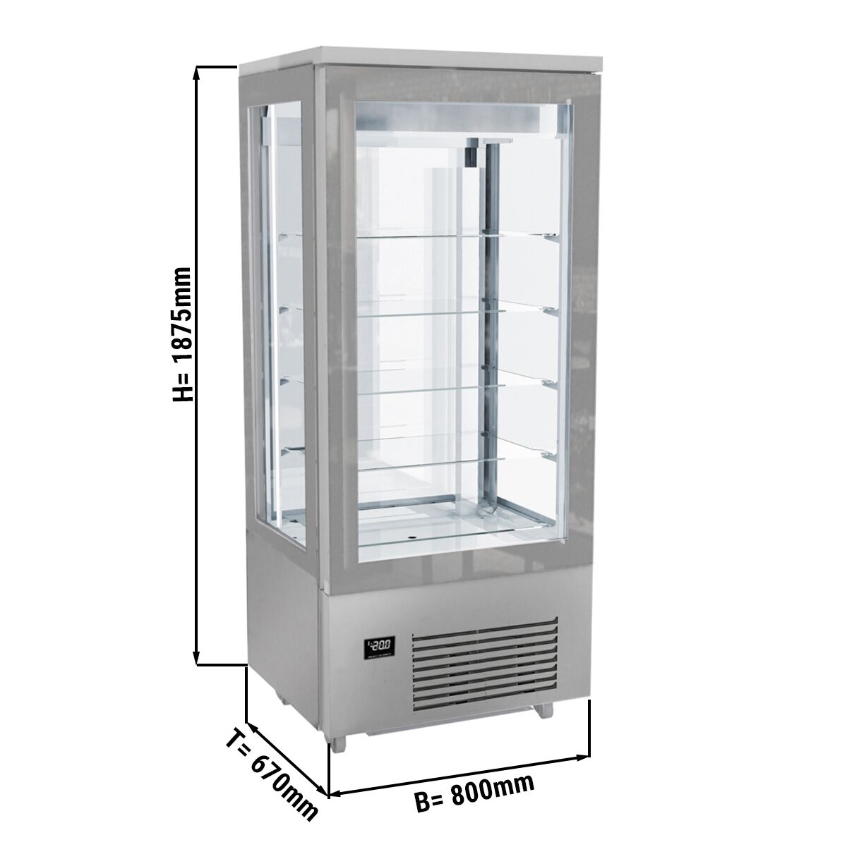 4-Sided Glass Display Freezer - 400L - 800mm - Double glazing - square - with 5 glass shelves - 1 rear glass door