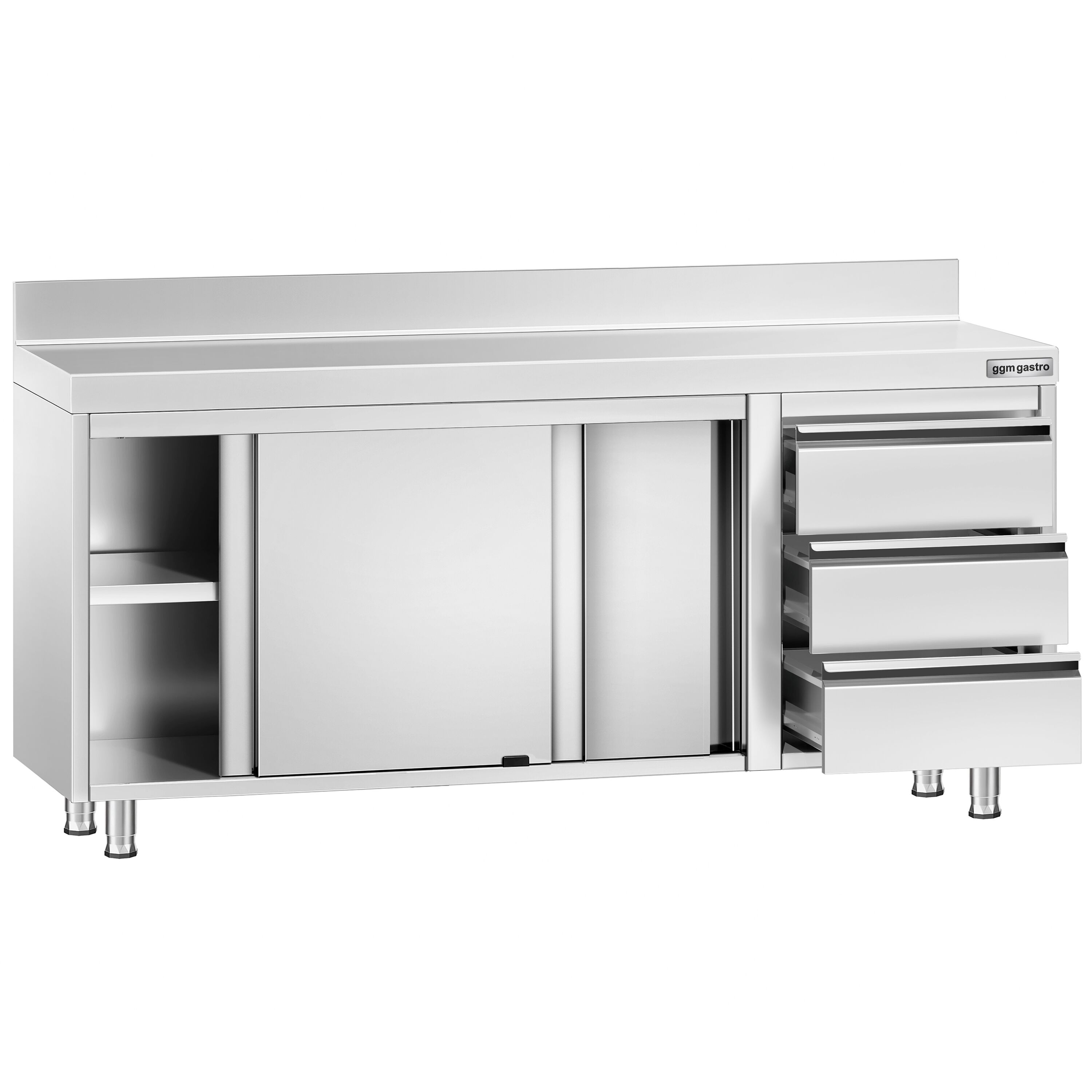 Table armoire en acier inoxydable PREMIUM - 1800x700mm - avec portes coulissantes et 3 tiroirs à droite - avec dosseret