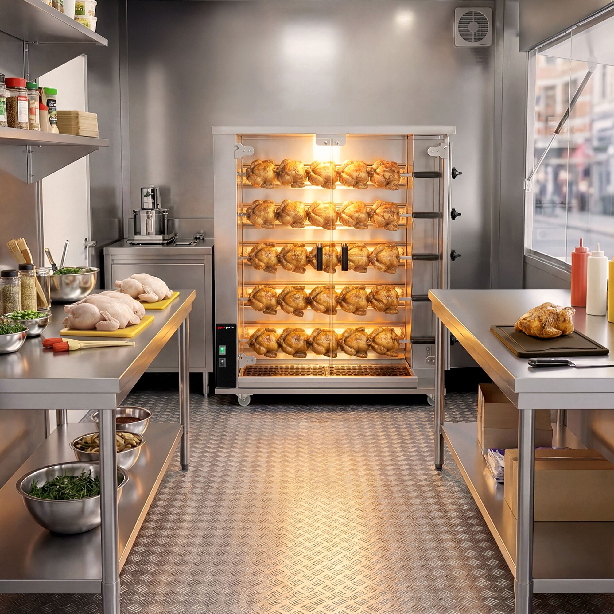 Gaz Rôtissoire à poulets Verticale - 5 broches - avec pour jusqu’à 25 poulets - 23,5kW