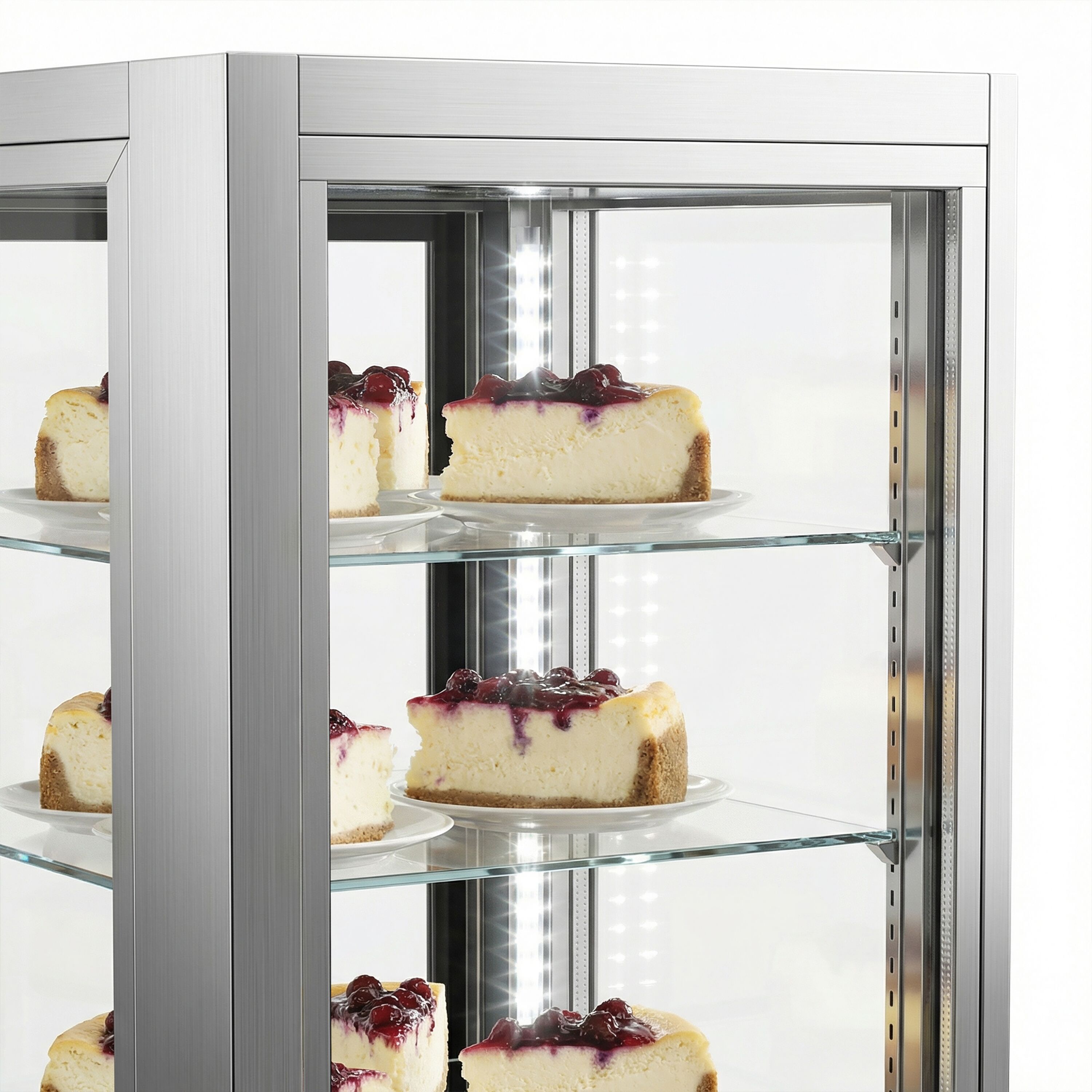 Vitrine réfrigérée 4 faces vitrées / Vitrine panoramique – 440 litres – 1 porte en verre – 5 étagères – Argent