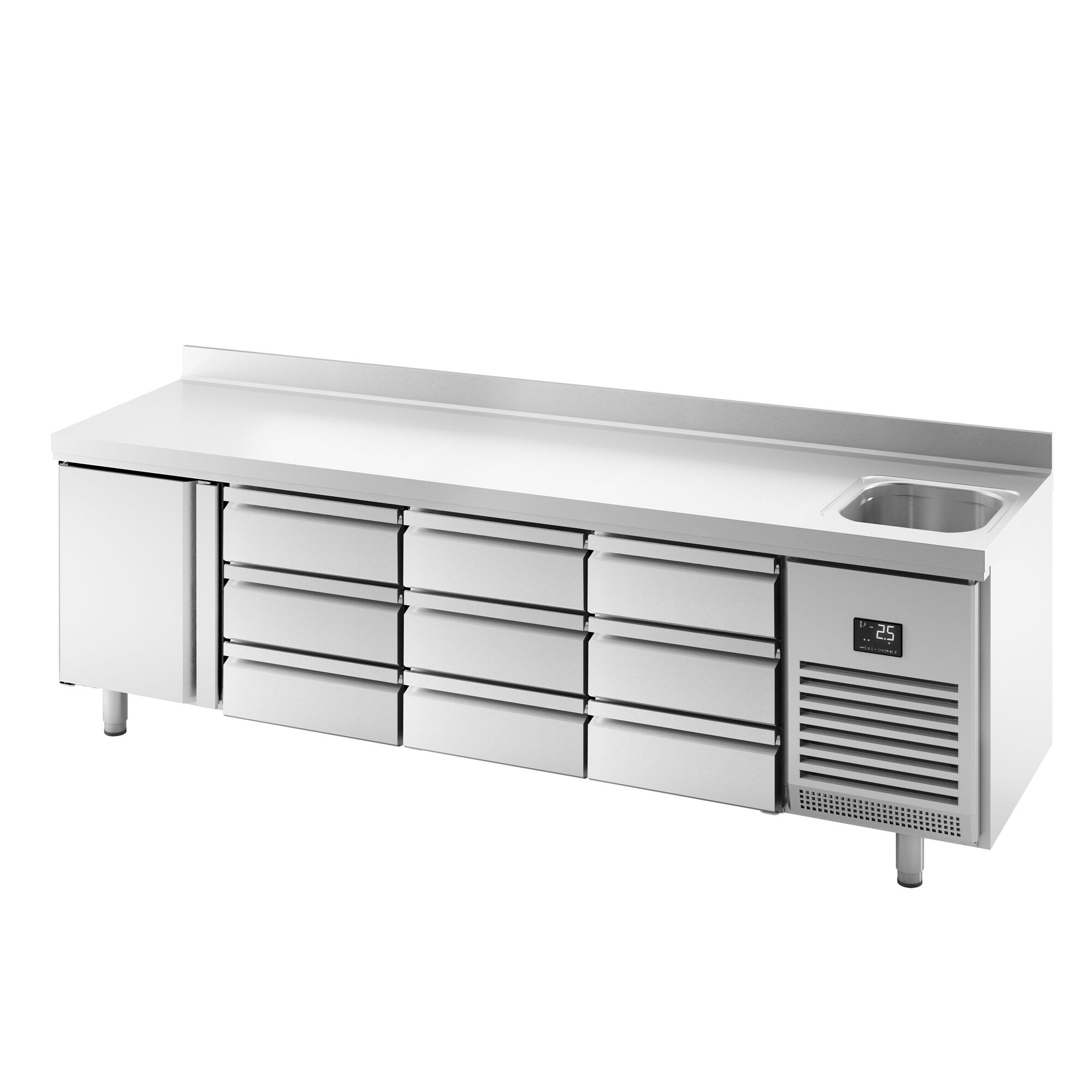 Balcão refrigerado PREMIUM PLUS - 2452x700mm - 630L - 1 porta; 9 gavetas - GN 1/3 - -2 a +8°C; com ressalto traseiro; com cuba