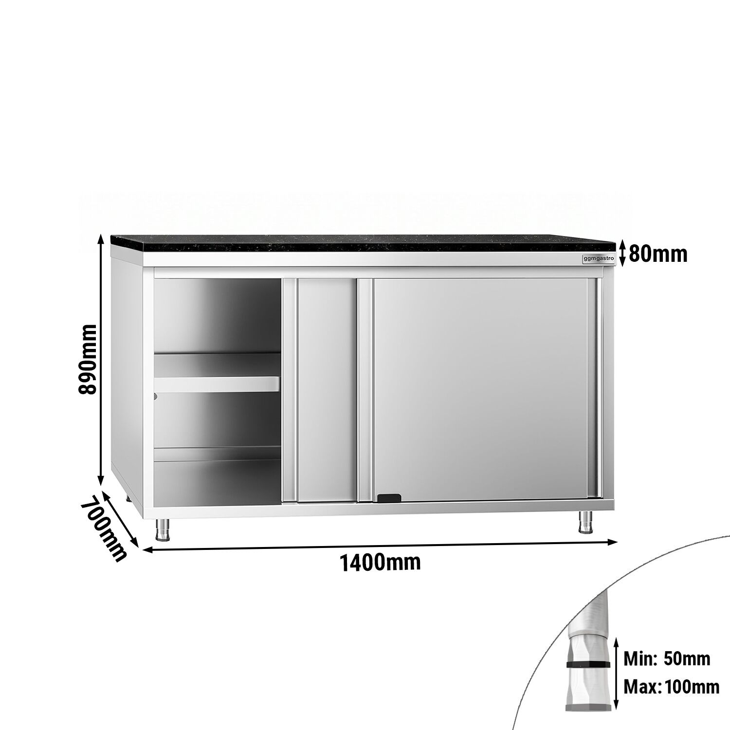 Edelstahl Arbeitsschrank PREMIUM - 1400x700mm - mit Schiebetür - inkl. Granitarbeitsplatte