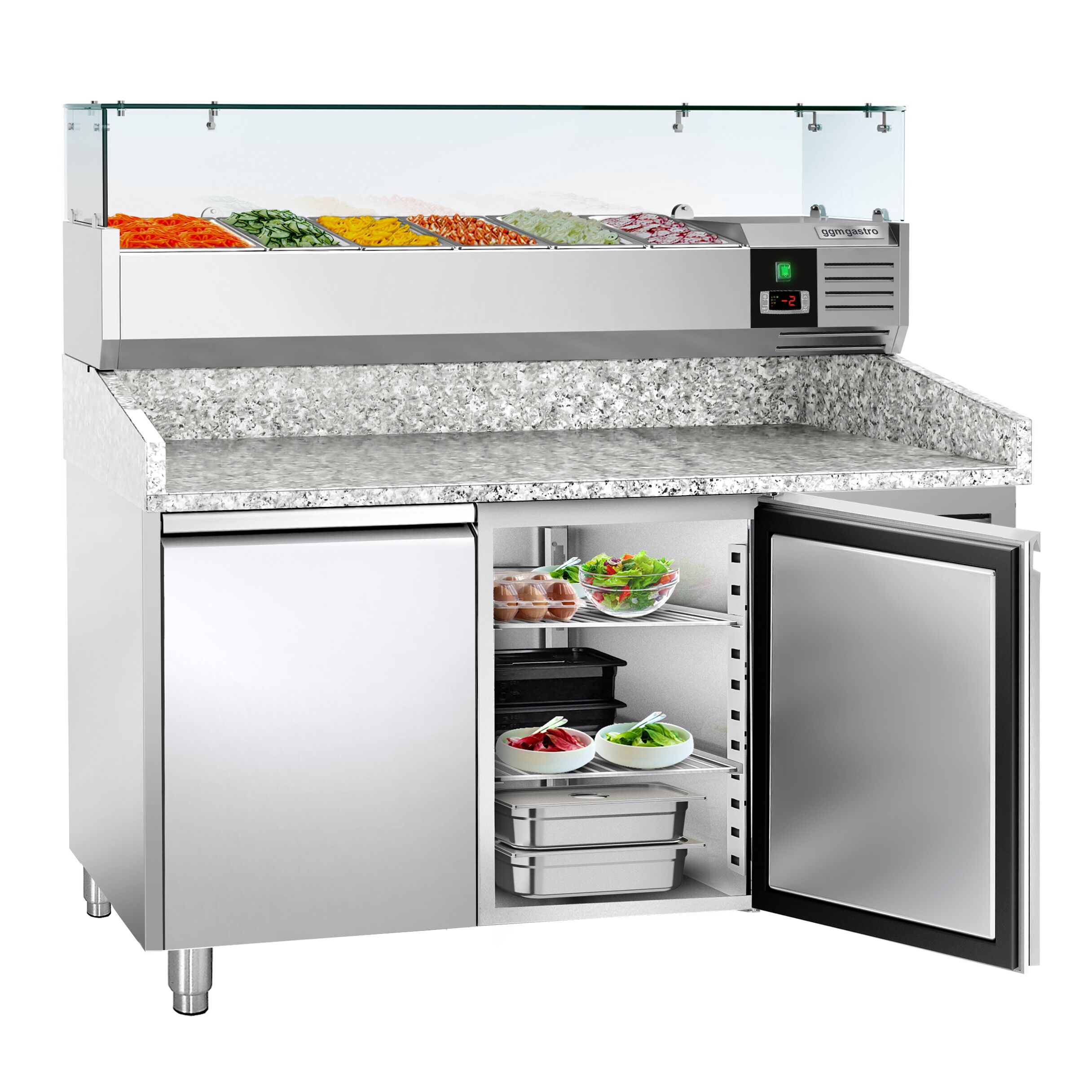 Pizzakylbänk ECO - 1500x800 mm - granitskiva - med 2 dörrar - inkl. kylränna med glastopp - 6x GN 1/3