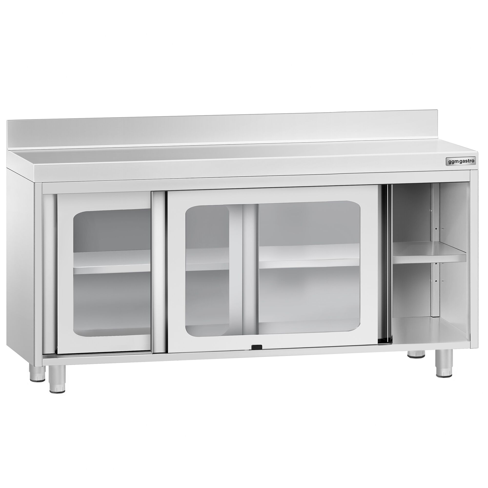Table armoire en acier inoxydable PREMIUM - 1600x600mm - avec portes coulissantes vitrées - avec dosseret