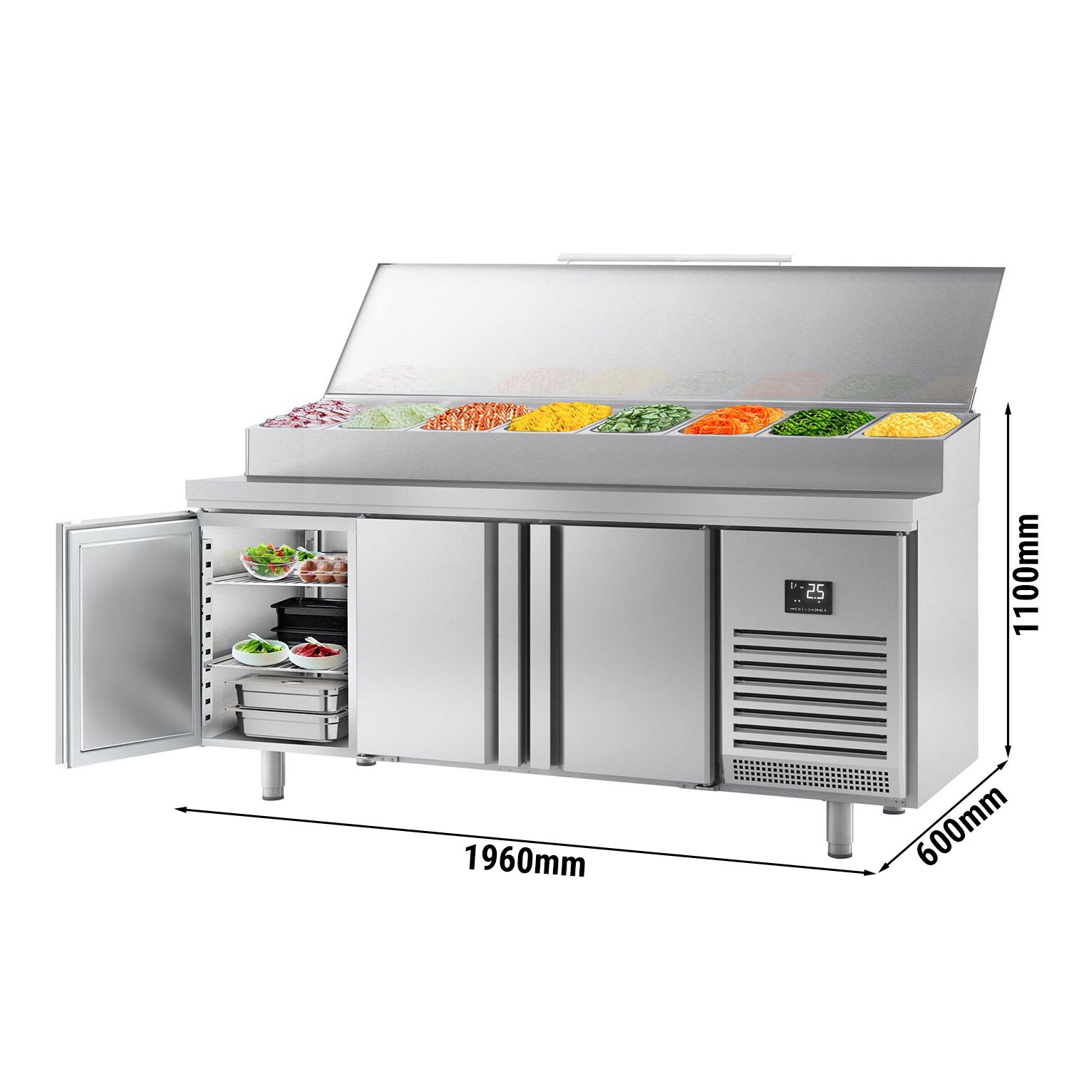 Table réfrigérée de préparation - 1960x600 mm - avec 3 portes - superstructure inox 11x GN 1/4