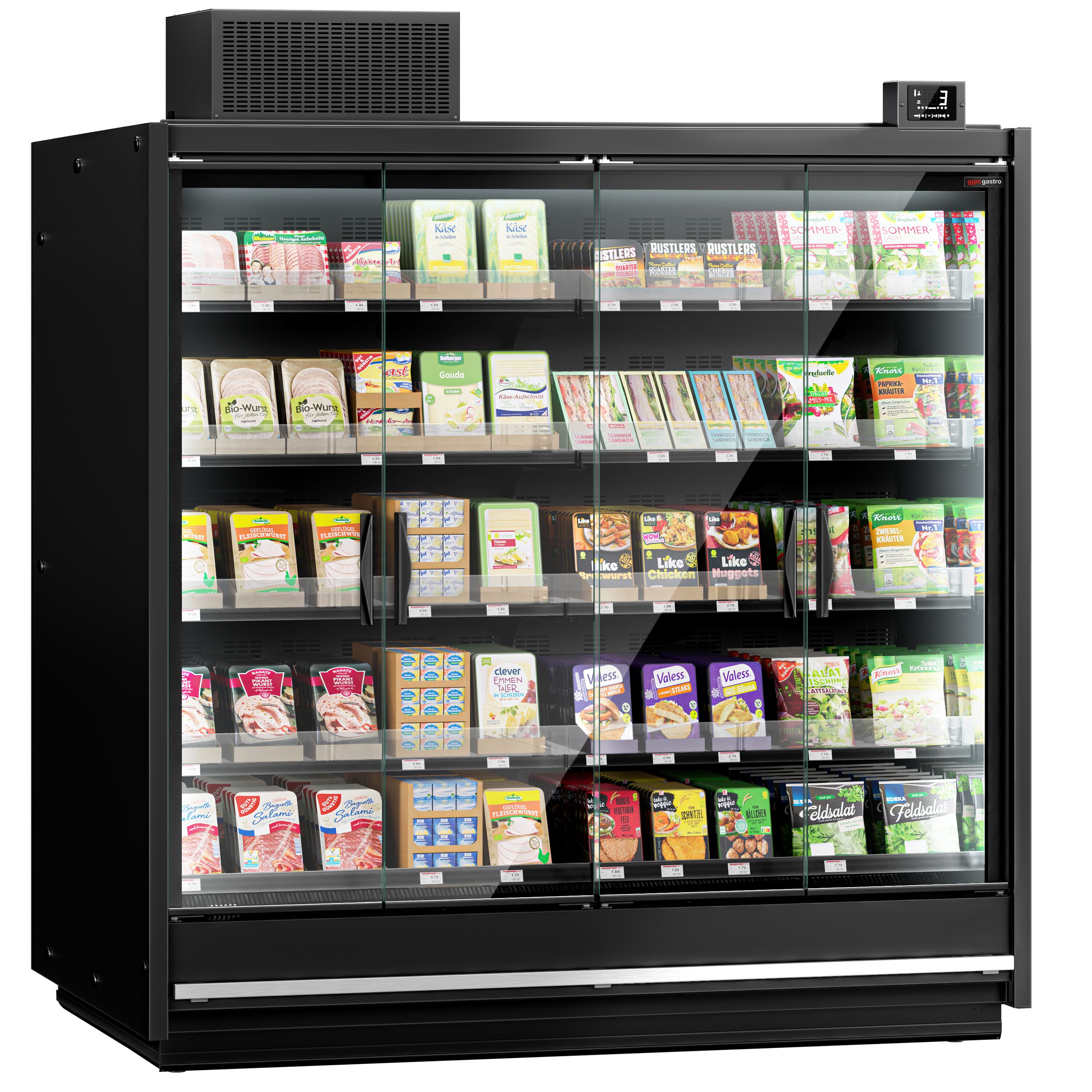 (6 pcs) Vitrine murale de congélation de supermarché - 11250mm - avec 4 portes battantes vitrées & 5 étagères - Noir