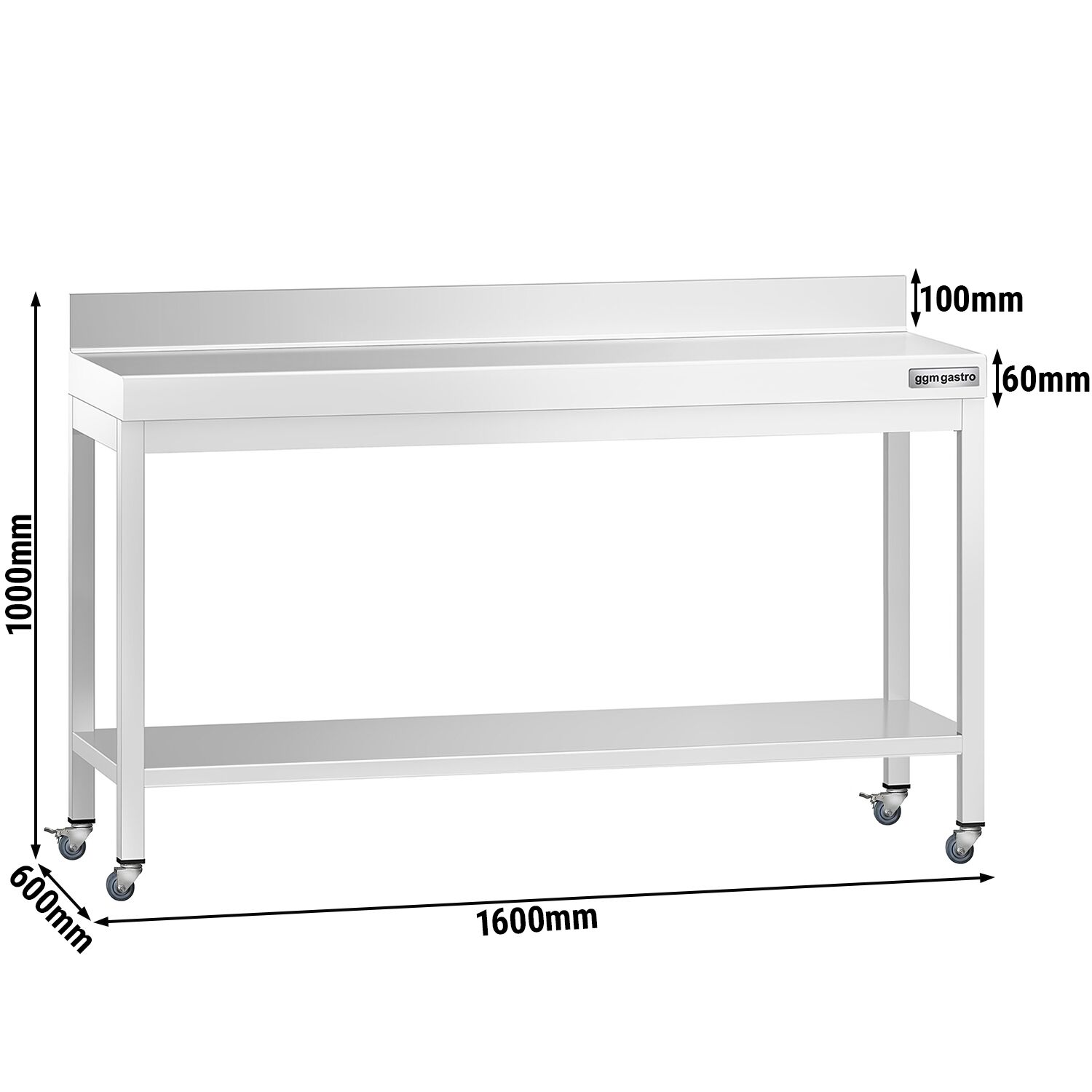 Table de travail en inox PREMIUM - 1600 x 600 mm - avec tablette inférieure, dosseret et roulettes