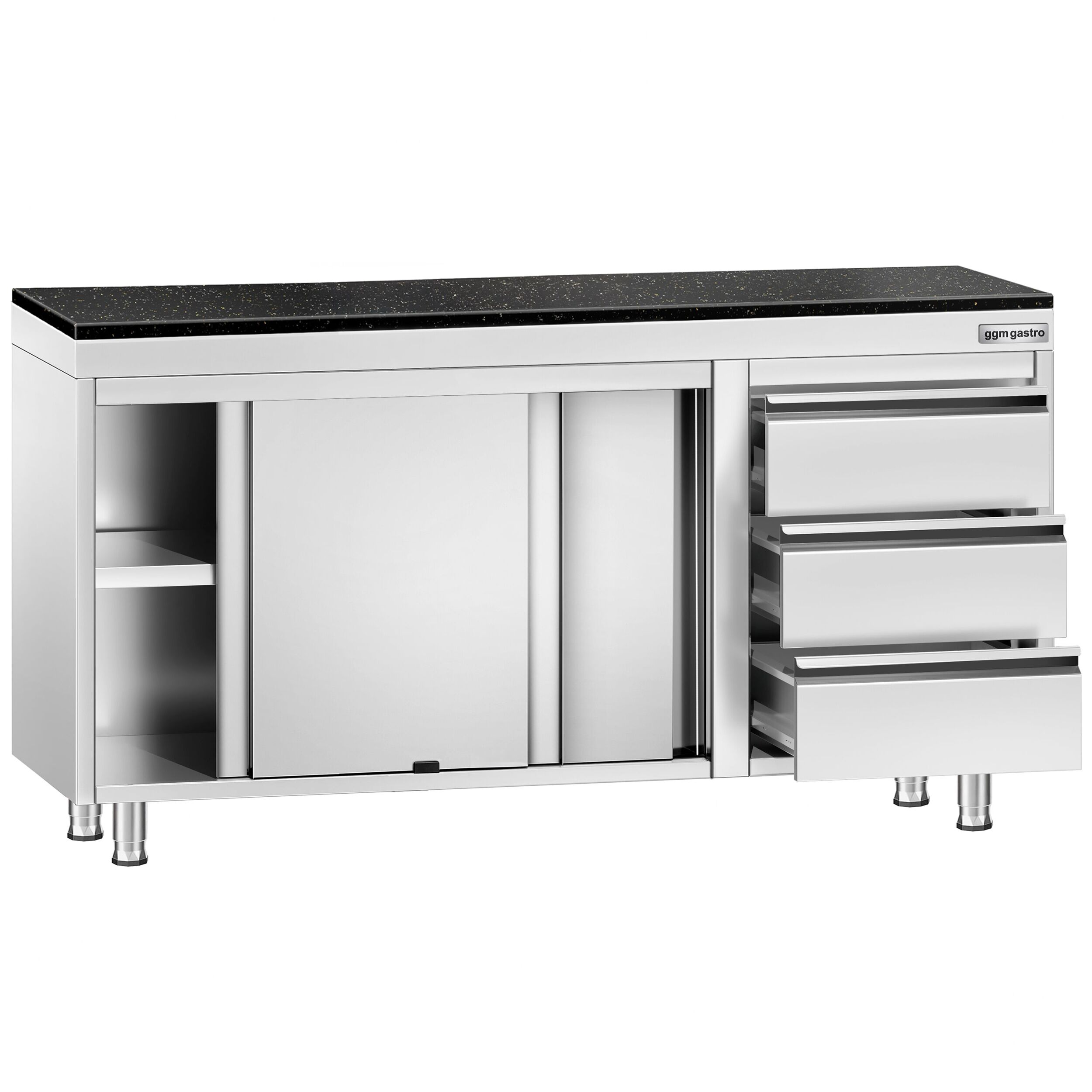 Edelstahl Arbeitsschrank PREMIUM - 1400x600mm - mit 3 Schubladen rechts - inkl. Granitarbeitsplatte