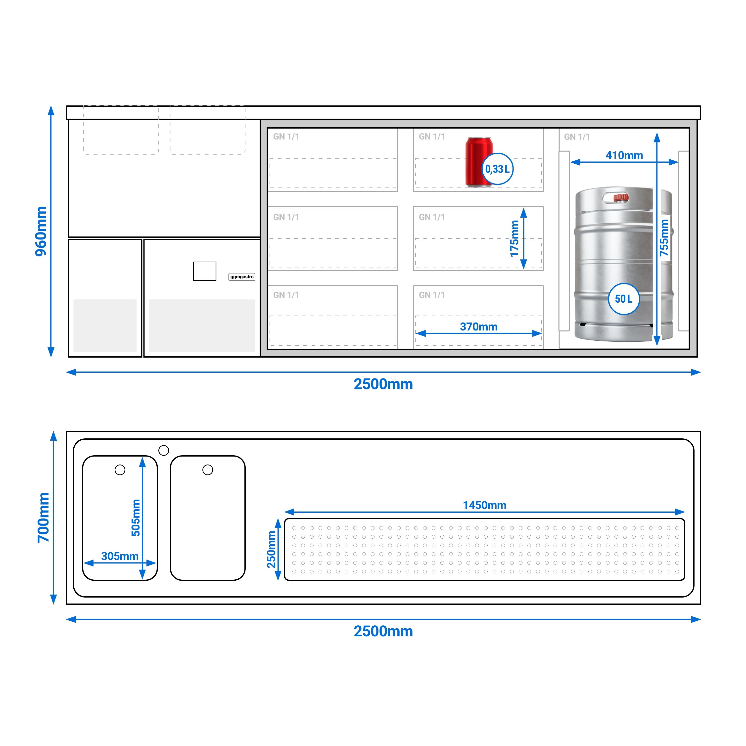 Comptoir de bar réfrigéré PREMIUM - 2500x700mm - 1 porte vitrée & 6 tiroirs en verre