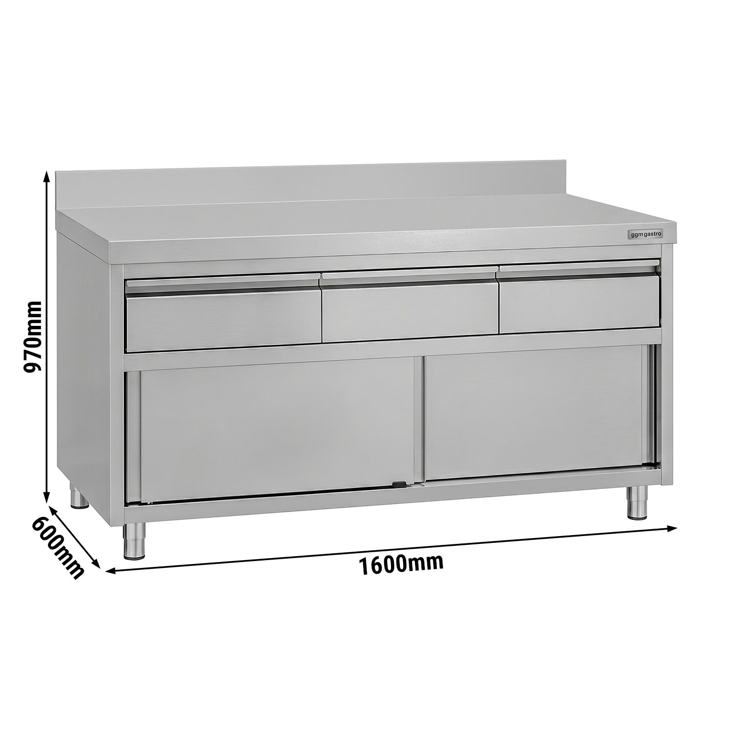Armoire de travail en acier inoxydable ECO - 1600 x 600 mm - avec rebord - avec 3 tiroirs et une porte coulissante