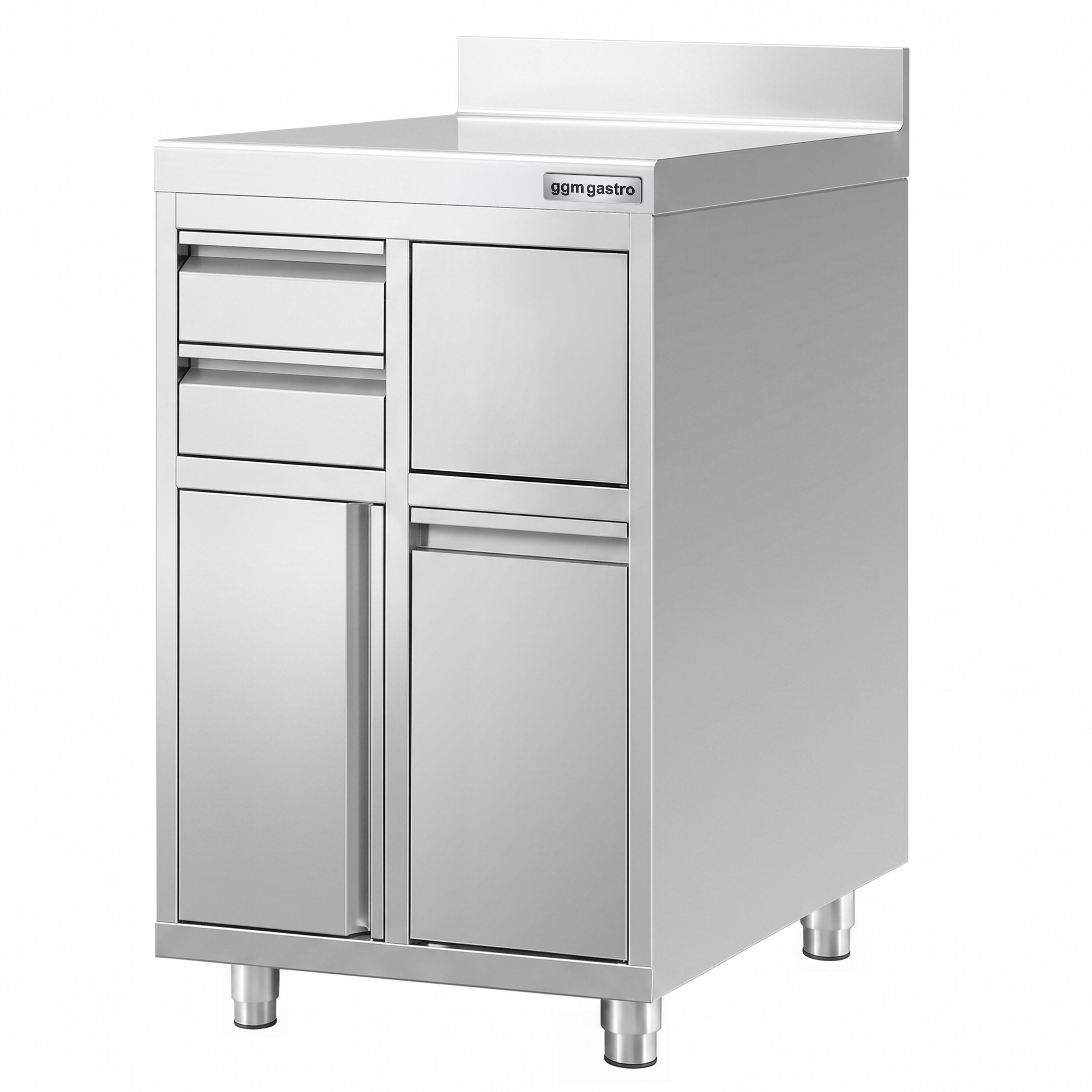 Work cabinet – for coffee machine – 600x600mm – with 1 hinged door, 2 drawers, waste bin & upstand