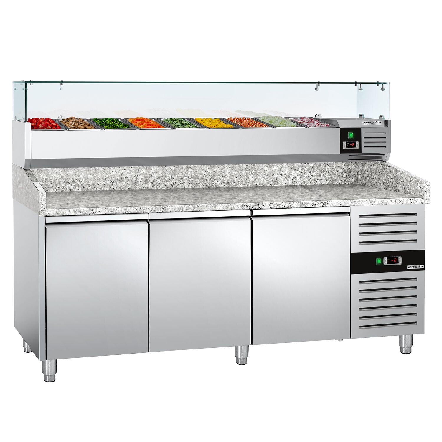 Table réfrigérée à pizza ECO - 2000 x 800 mm - avec 3 portes - incl. vitrine réfrigérée - 9 x GN 1/3