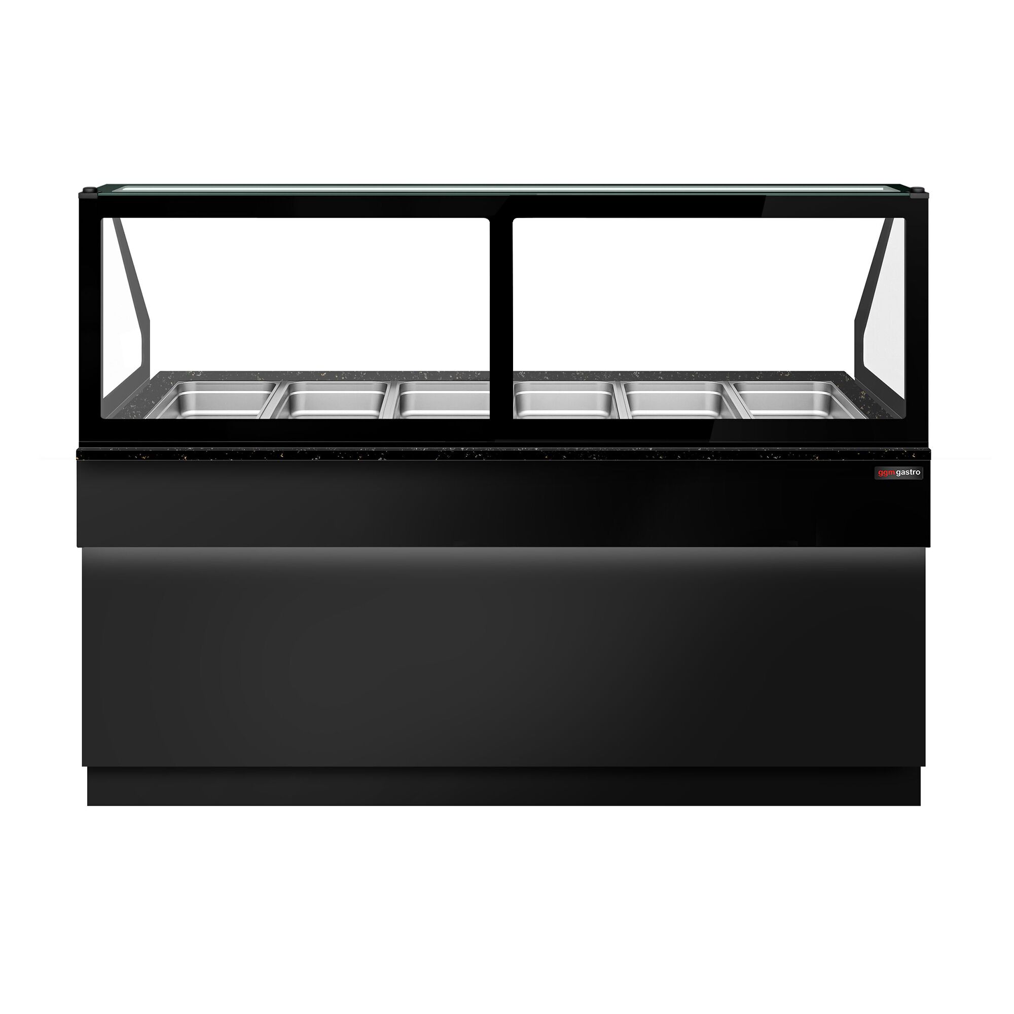 Vitrine chauffante TORONTO – 2100 mm – façade noire – pour 6 × GN 1/1 – plan de travail en granit noir