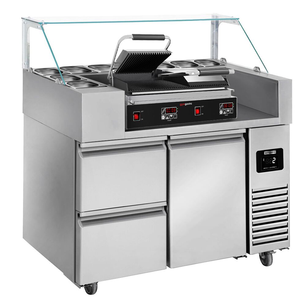 Saladette réfrigérée professionnelle - 1210x700mm - 1 porte & 2 tiroirs - pour 9x GN 1/6 - incl. vitrine à ingrédients