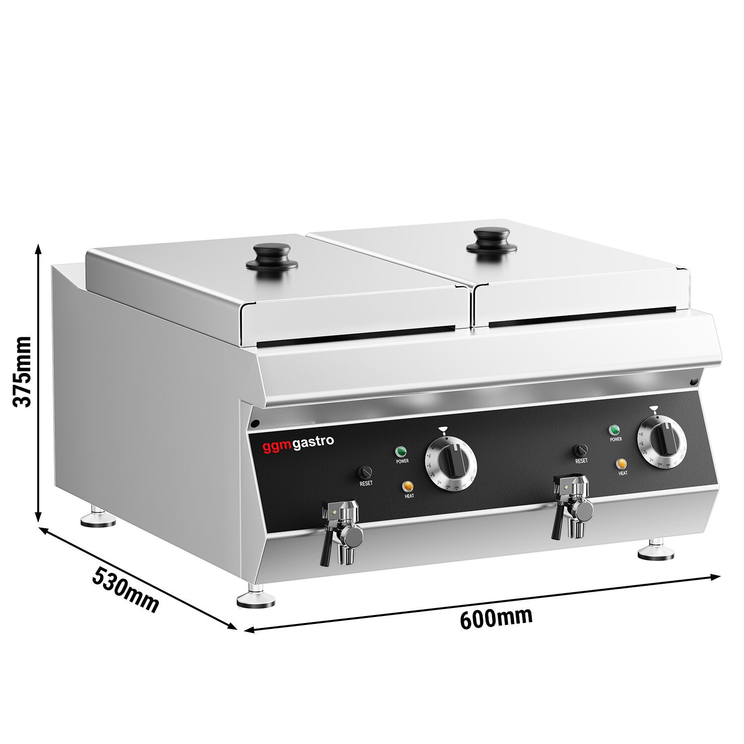 Friteuse électrique double – 600 mm – 13+13 litres – 9 kW – avec robinet de vidange