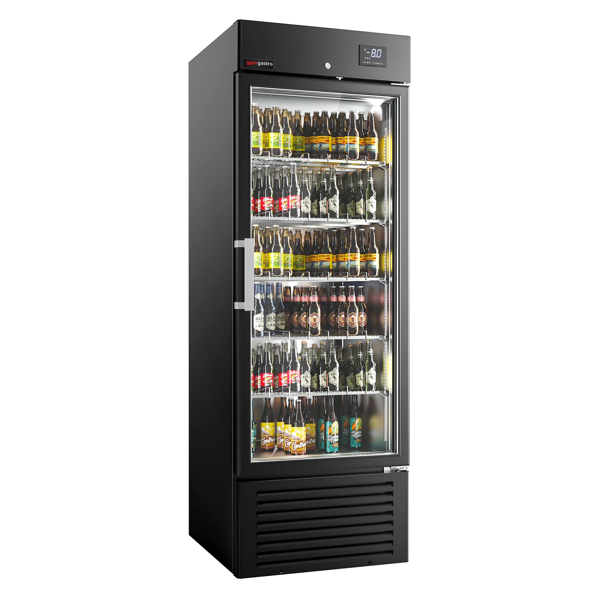SUPERCOOLER | Commercial Beverage Display Fridge - 687mm - 500 Litres - stainless steel interior - with 1 hinged glass door - LED lighting - digital controller with temperature display - Temperature range -8 to 0 °C - Black