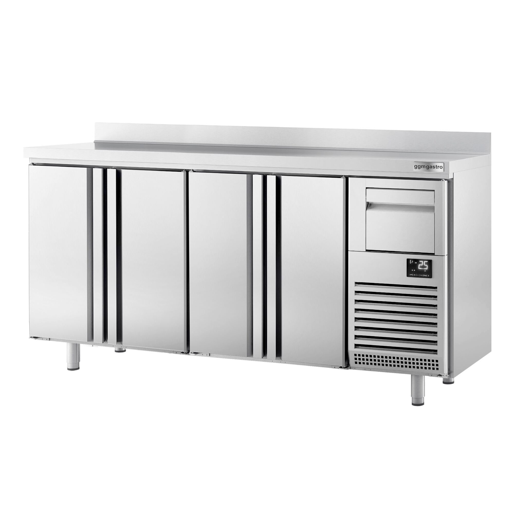 Commercial Back Bar Bottle Cooler PREMIUM PLUS - 2452x600x1150mm - with 4 Solid Doors, upstand & knock box for coffee - 690L