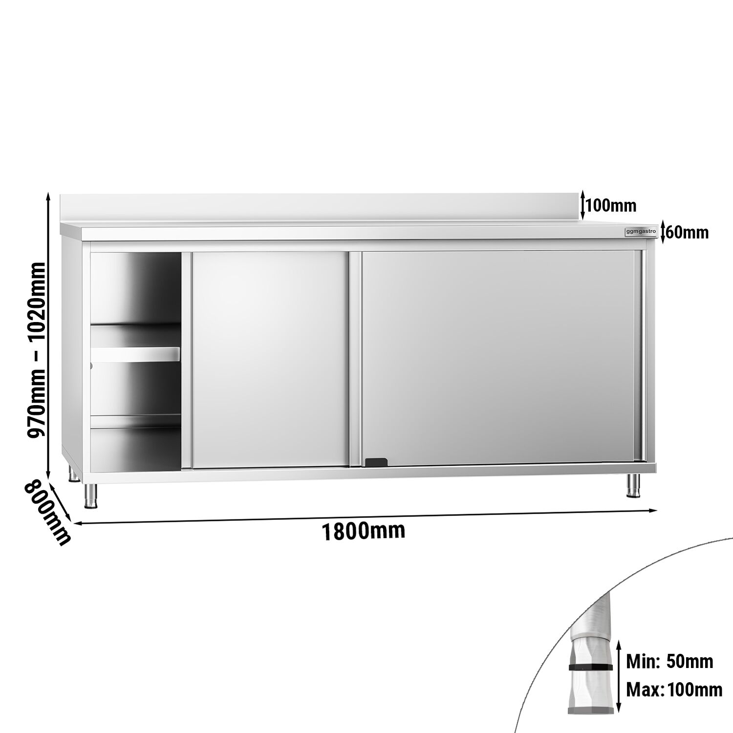 Table armoire en acier inoxydable PREMIUM - 1800x800mm - avec portes coulissantes et étagère basse - avec dosseret