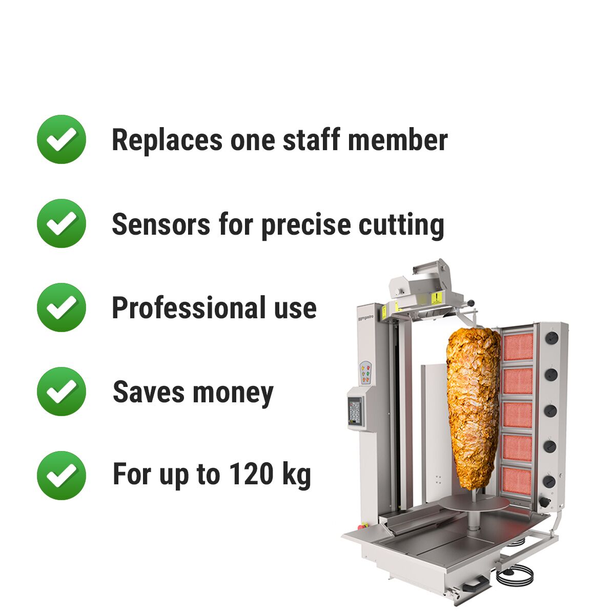 Gas Automatic Doner Kebab Grill - 5 Burner - up to 120kg - 13.3kW - Countertop - incl. 1 skewer & drip tray