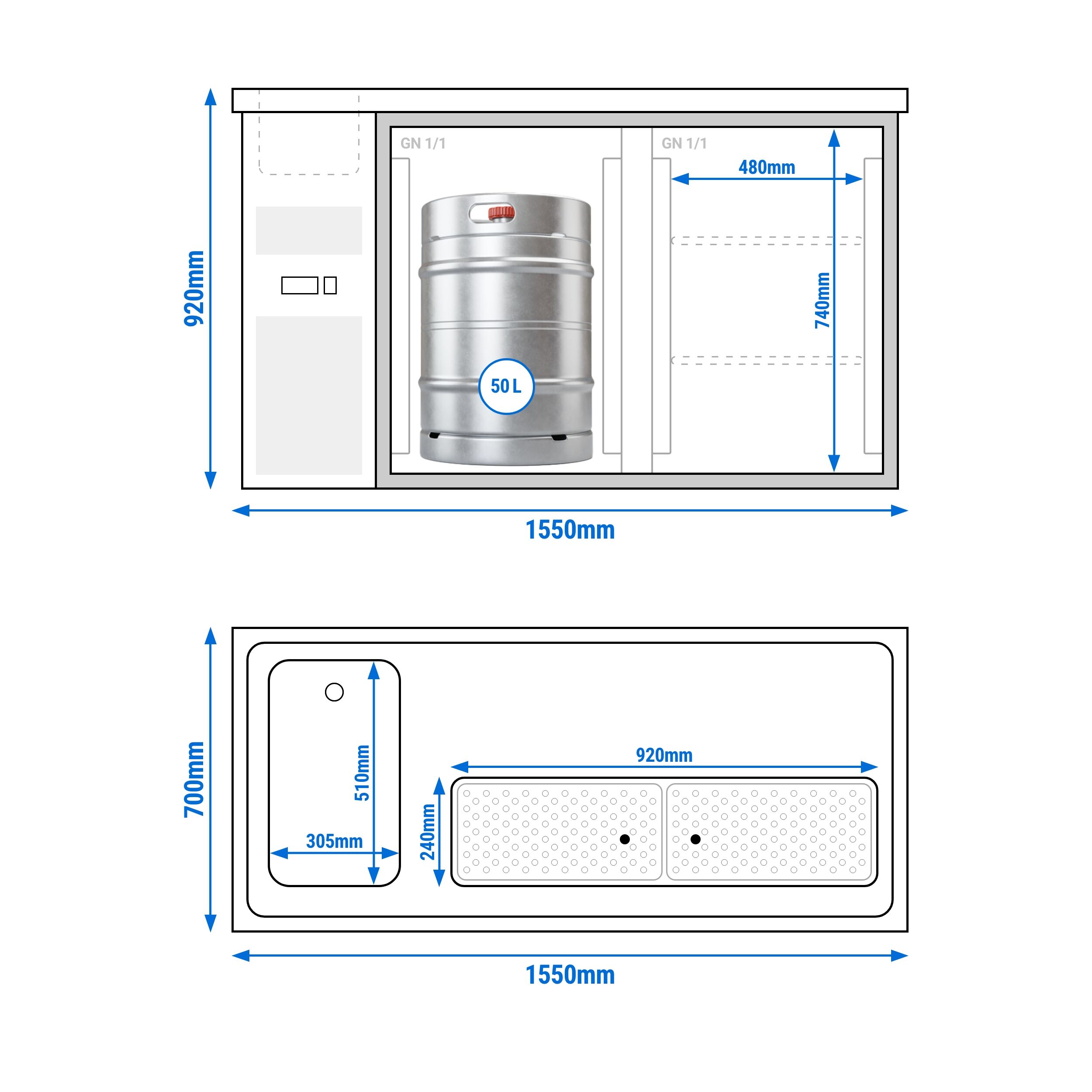 Direct Draw Beer Dispenser / Kegerator PREMIUM PLUS - 1550x700mm - Double Glass Doors