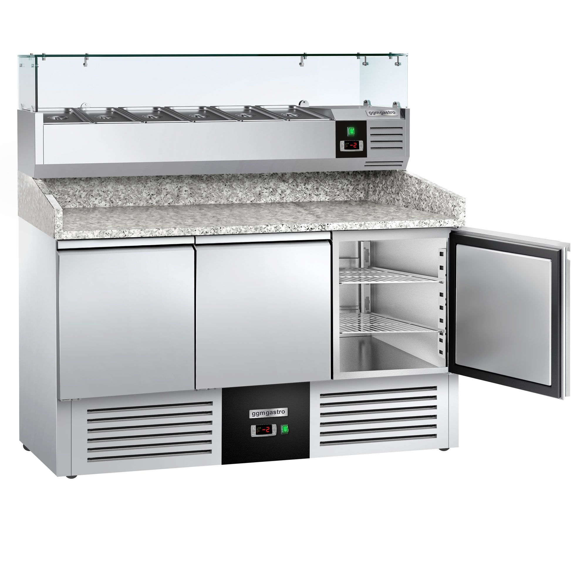 Banco pizza refrigerato PREMIUM - 1400x700mm - con 3 porte - piano in granito - con vetrina ingredienti refrigerata superiore - 6x GN 1/4