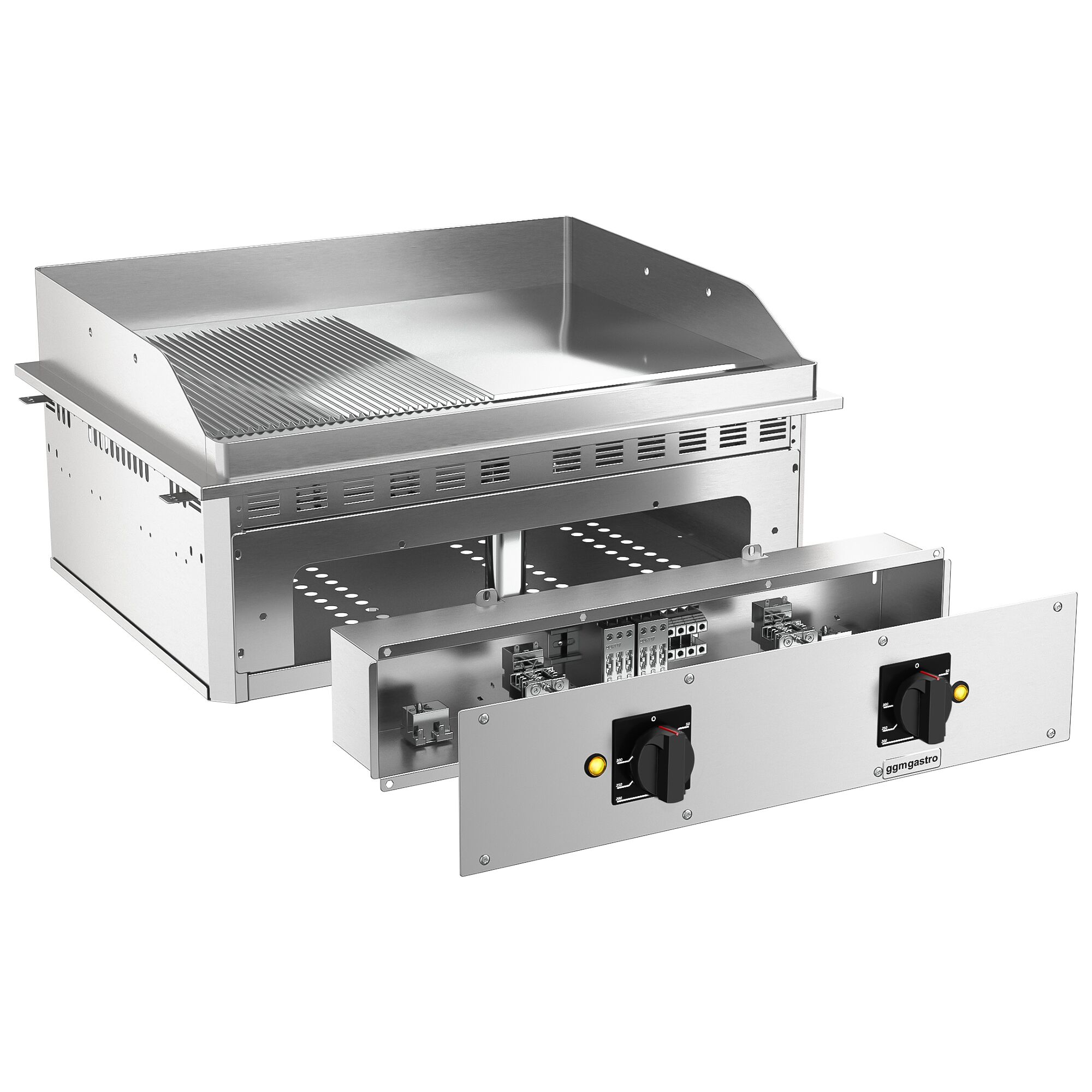 Plancha électrique - plaque acier - 9,0 kW - 1/2 lisse, 1/2 rainurée - Surface de cuisson : 800x765mm