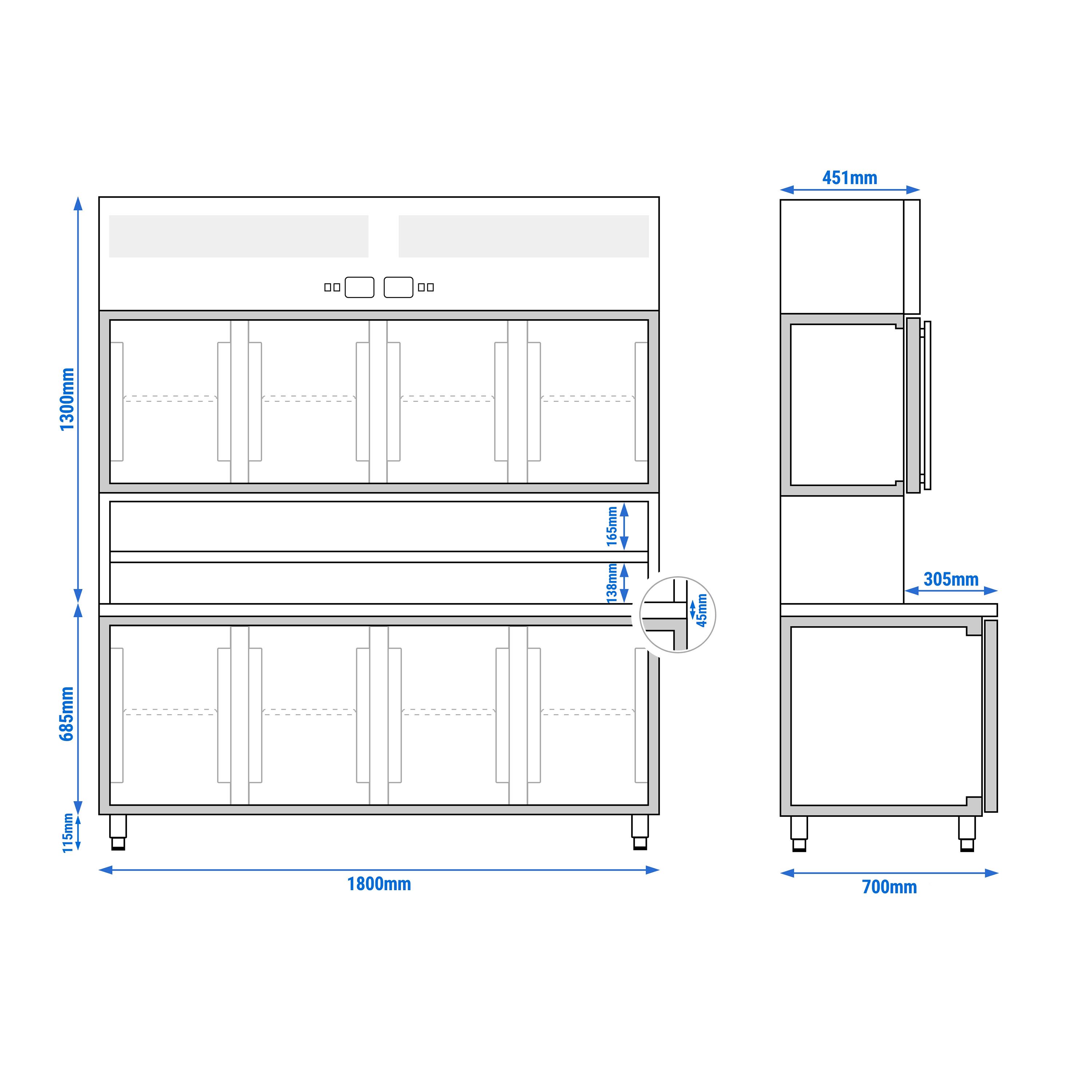 Kyl-/frysbänk - 1800x700 mm - 655 l - med 4 glasdörrar - med 4 dörrar - Statisk kyla