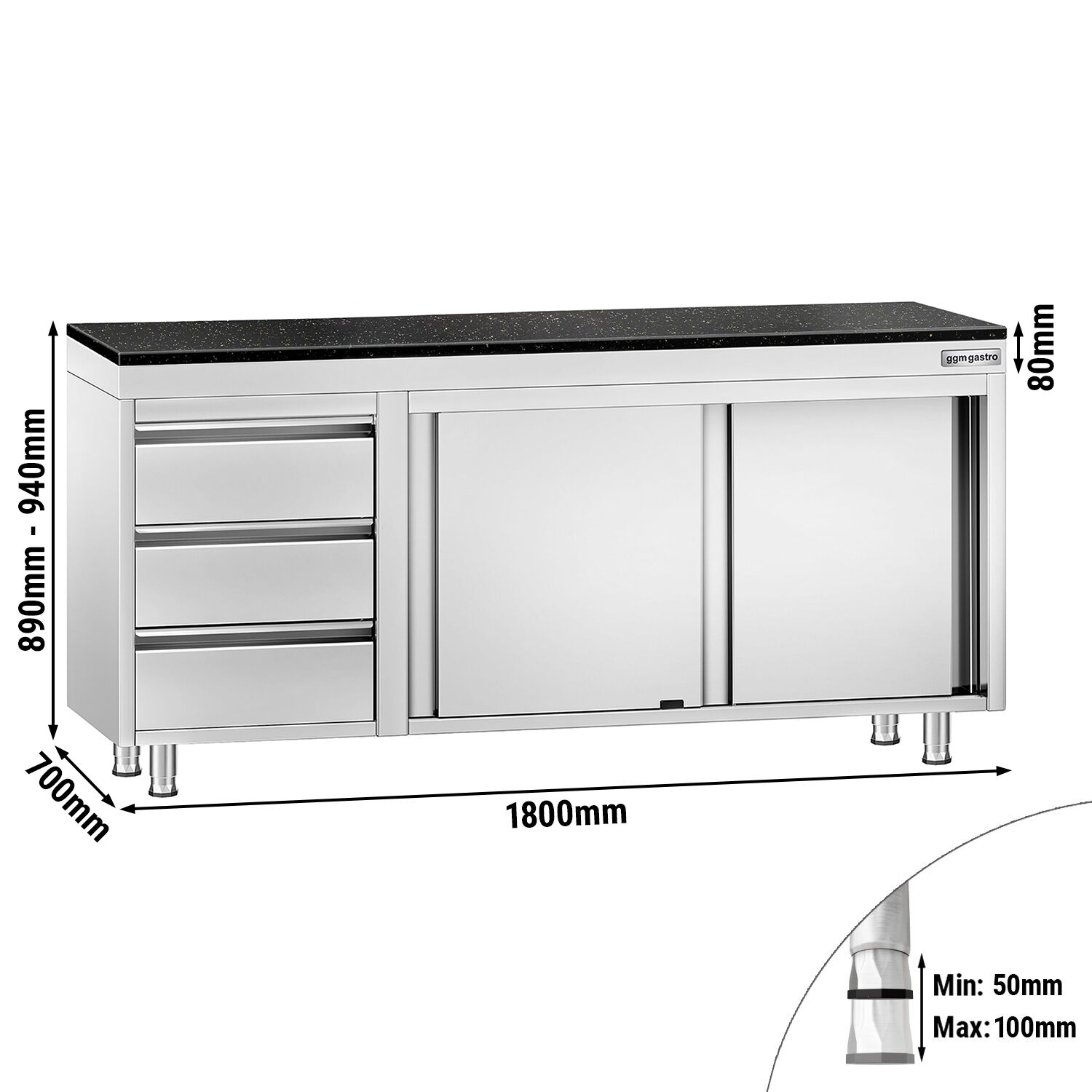 Roestvrijstalen werkkast PREMIUM - 1800 x 700 mm - met 3 lades links - incl. granieten werkblad