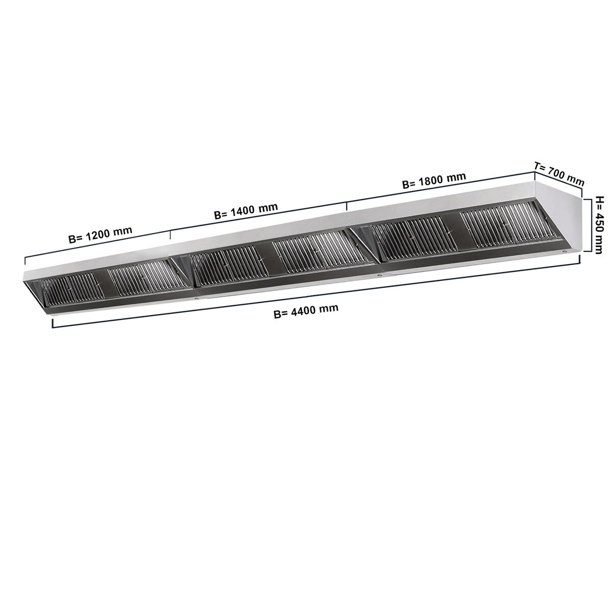 Hotte murale – 4400 mm – avec filtre & lampe