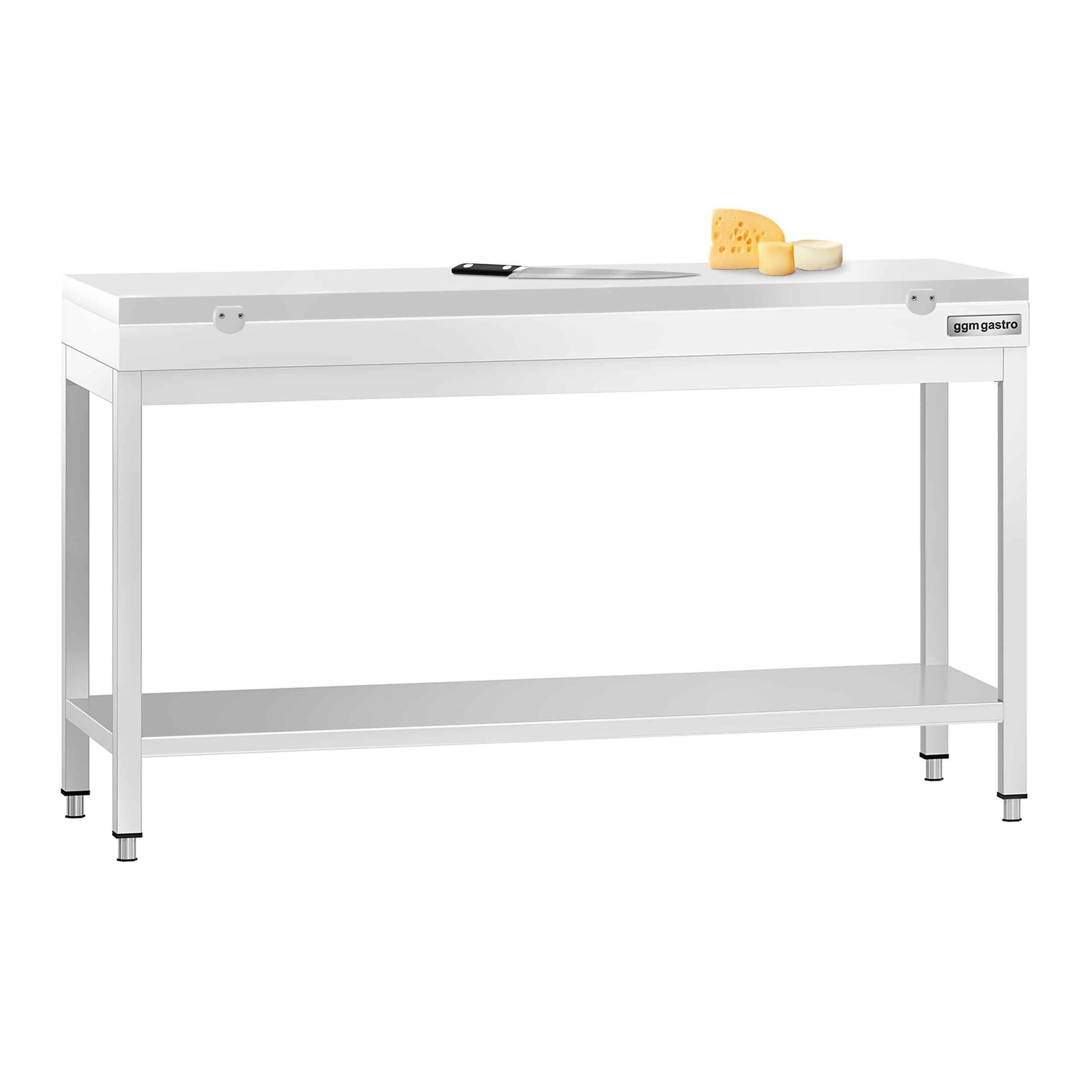 Table de travail inox PREMIUM - 1600 x 600 mm - avec tablette inférieure - incl. Planche à découper Blanche