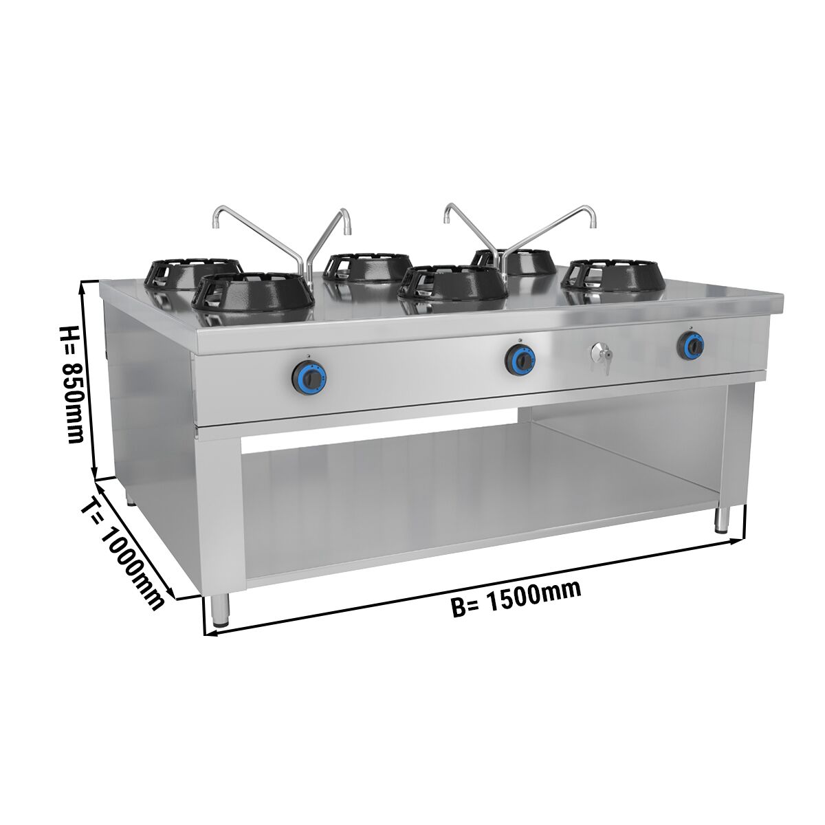 Gas Wok-Herd Insel - 84 kW - 6 Brenner - inkl. 4 Wasserhähnen
