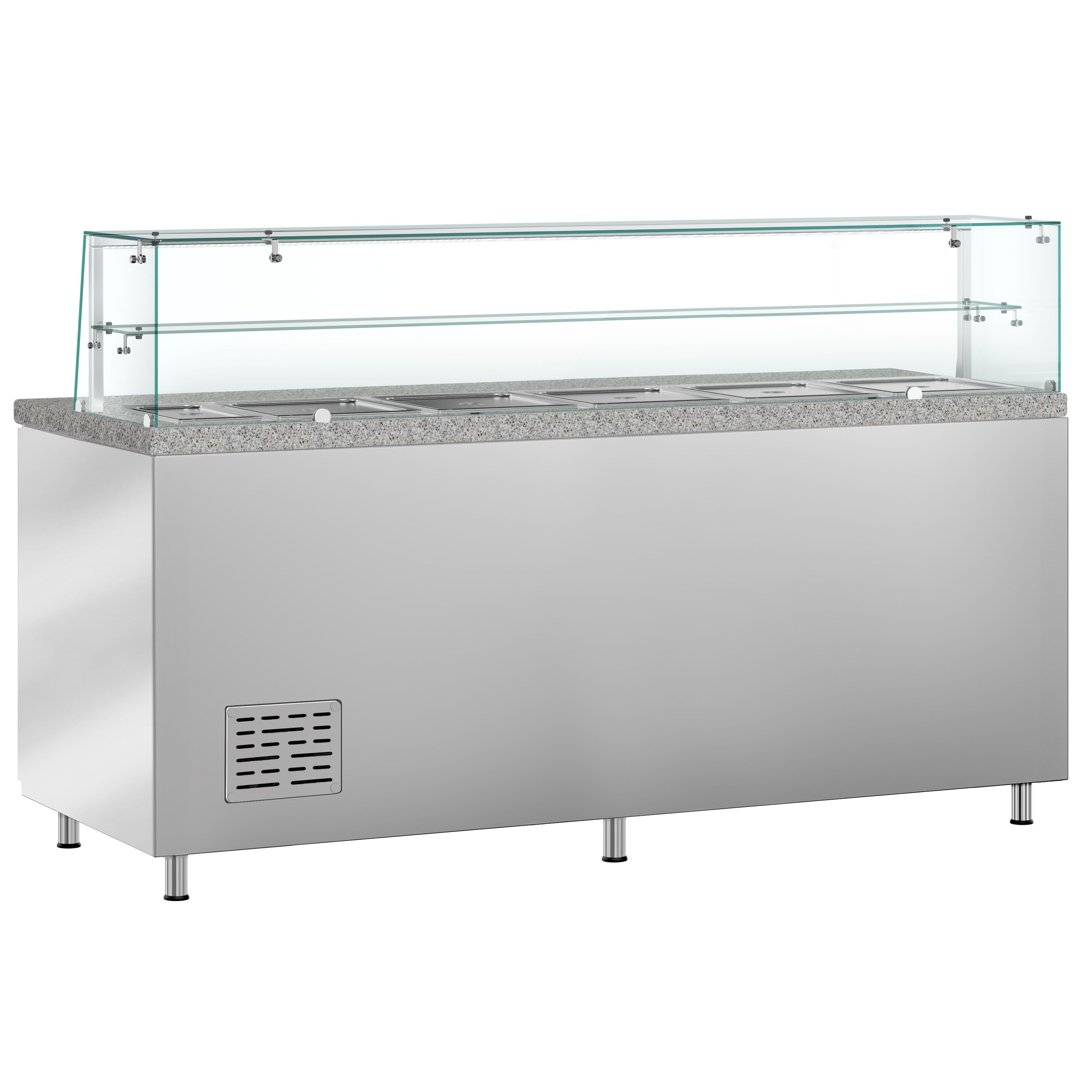 Saladette réfrigérée PREMIUM - 2020mm - 580L - 3 portes - avec vitrine de comptoir pour 5x GN 1/1 & 1x GN 2/4 & 1 étagère - plan de travail en granit noir