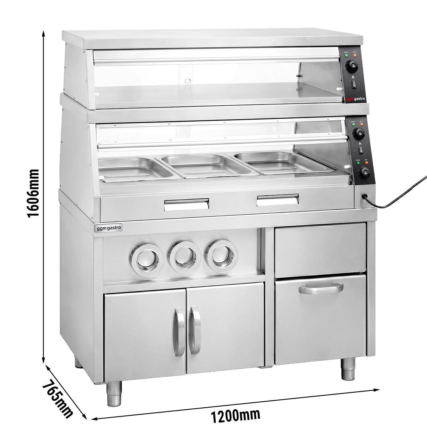 Commercial Heated Display Cabinet – 1200 mm – for 3 × GN 1/1 – Individually Adjustable – 3.5 kW