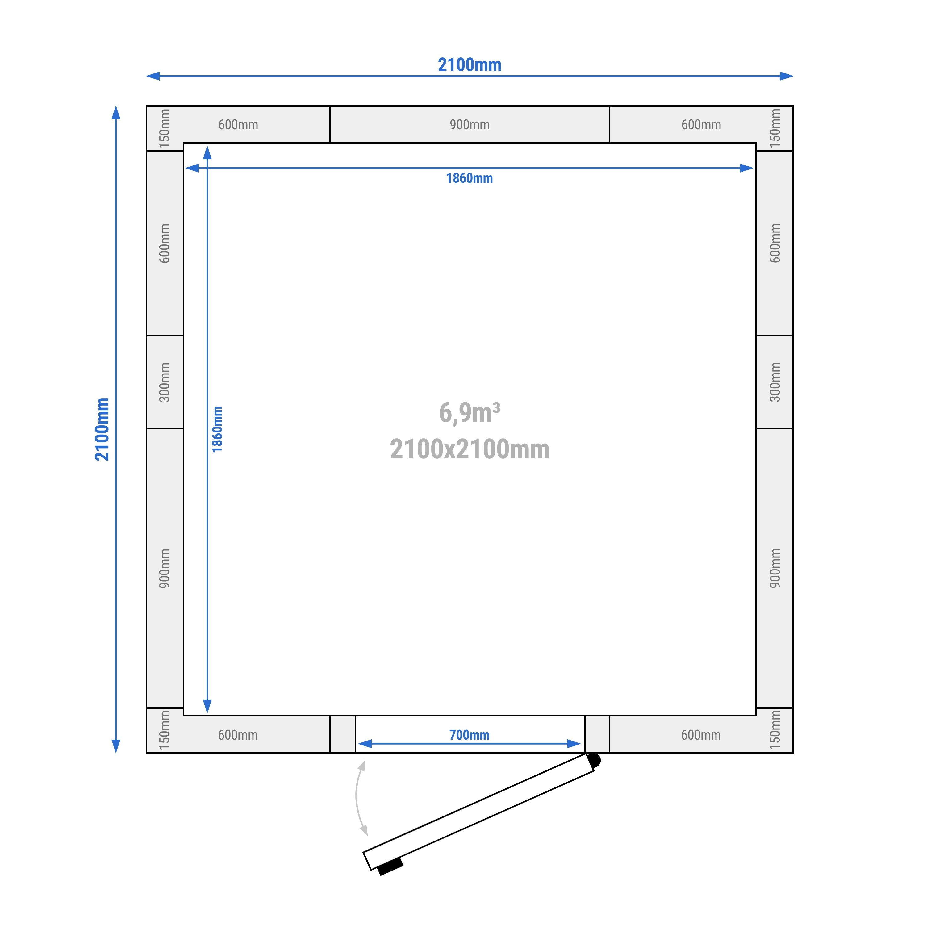 Chambre de congélation en inox – 2100 × 2100 mm – 6,12 m³ – avec rideaux à lamelles inclus