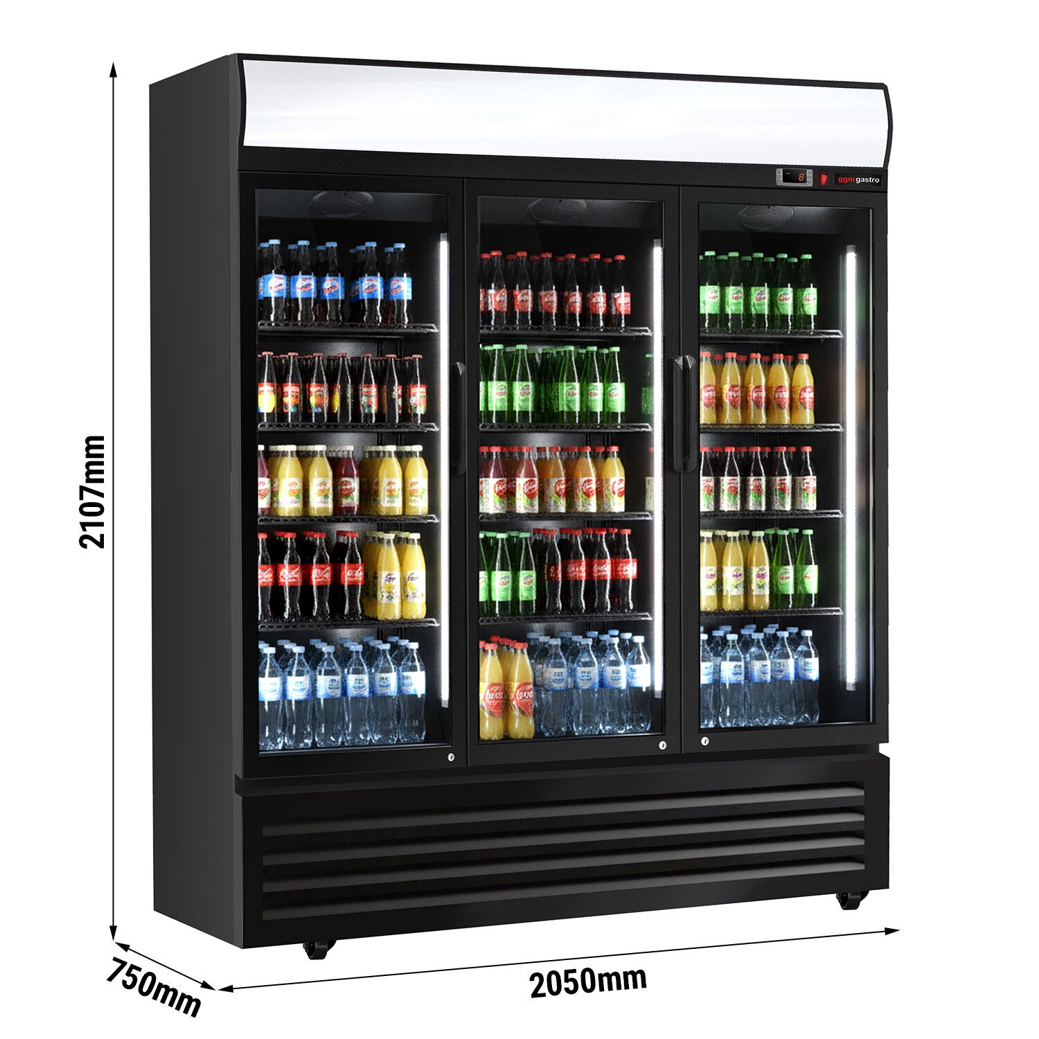 Vitrine réfrigérée à boissons - 2050mm - 1500 L - 3 portes vitrées - éclairage LED - affichage digital de la température - +2 à +8 °C