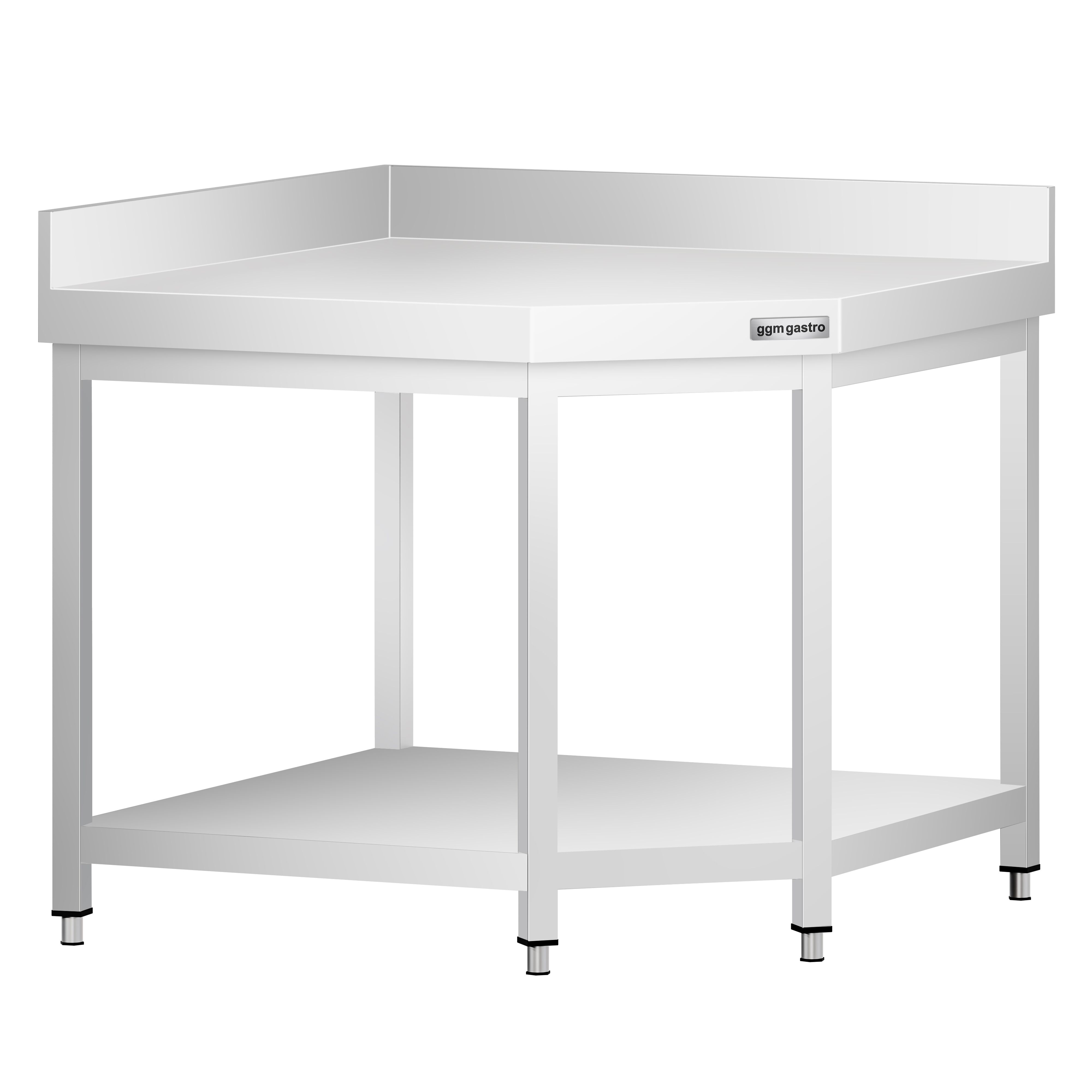Table de travail en inox d’angle PREMIUM - 1000x700mm - avec étagère basse + dosseret arrière