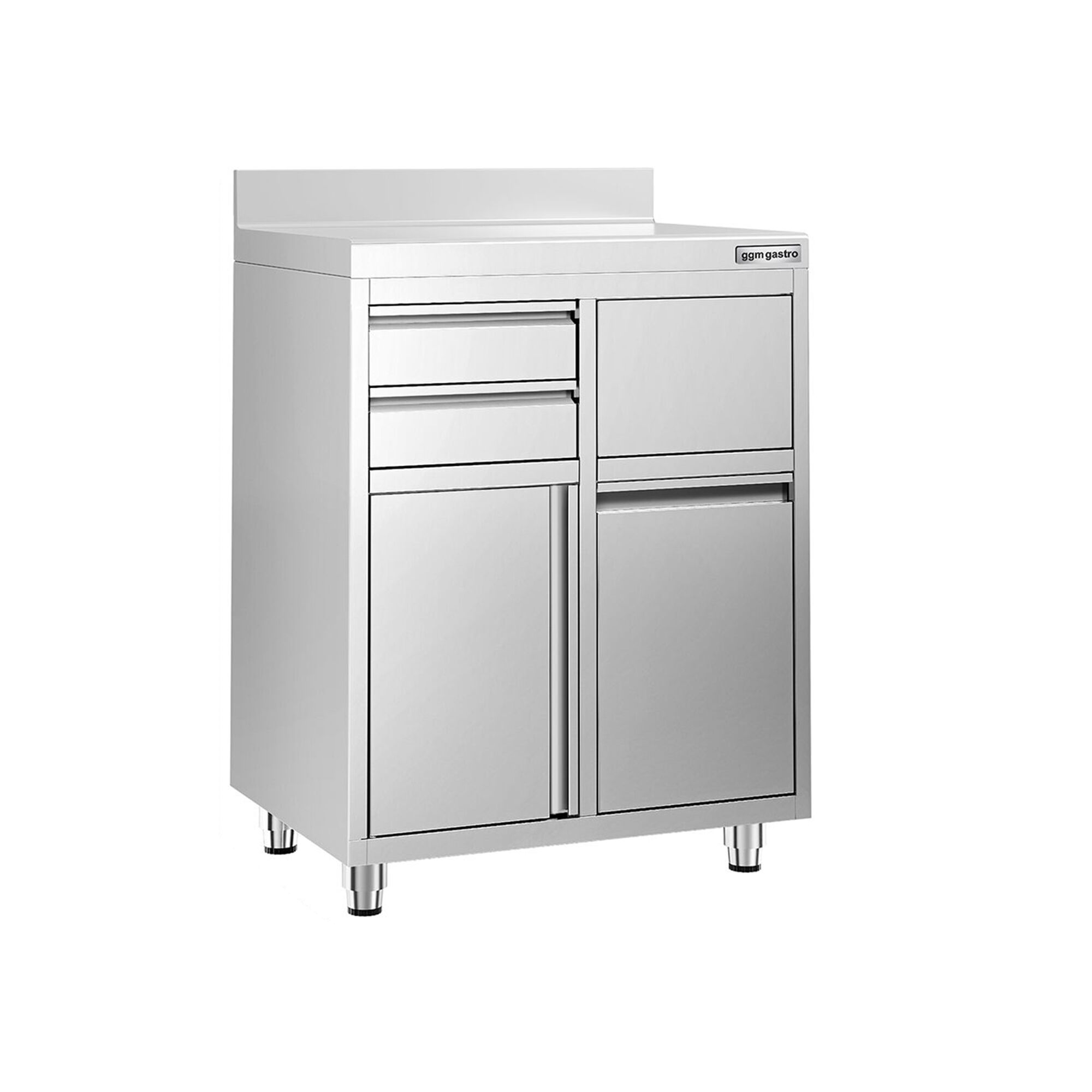 Table armoire en acier inoxydable - 800x600mm - avec 2 tiroirs et 1 porte battante et poubelle - avec dosseret - pour cafetière à filtre
