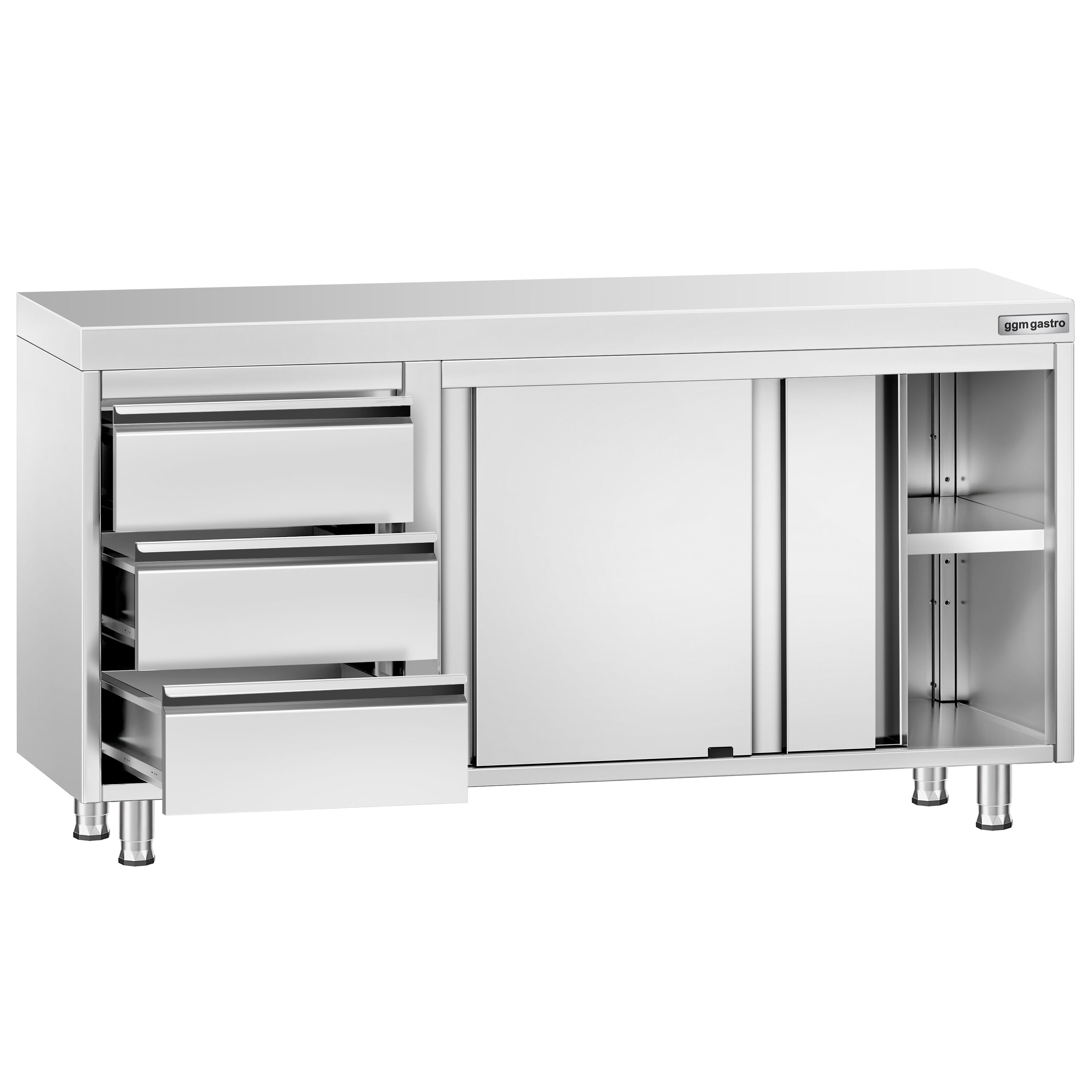 Table armoire en acier inoxydable PREMIUM - 1400x600mm - avec portes coulissantes et étagère basse et 3 tiroirs à gauche