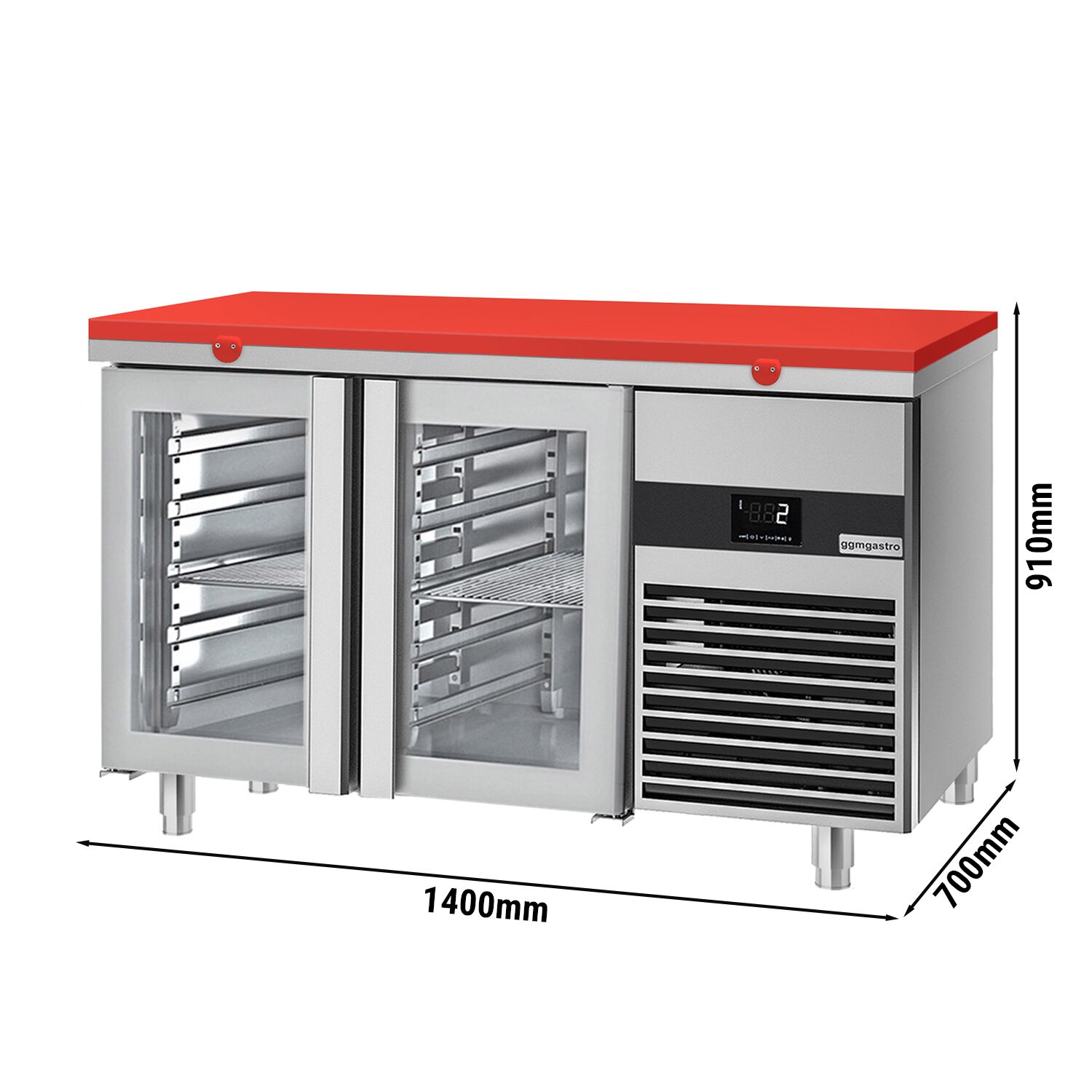 Table réfrigérée PREMIUM - 1400x700 mm - avec 2 portes vitrées - incl. planche à découper rouge