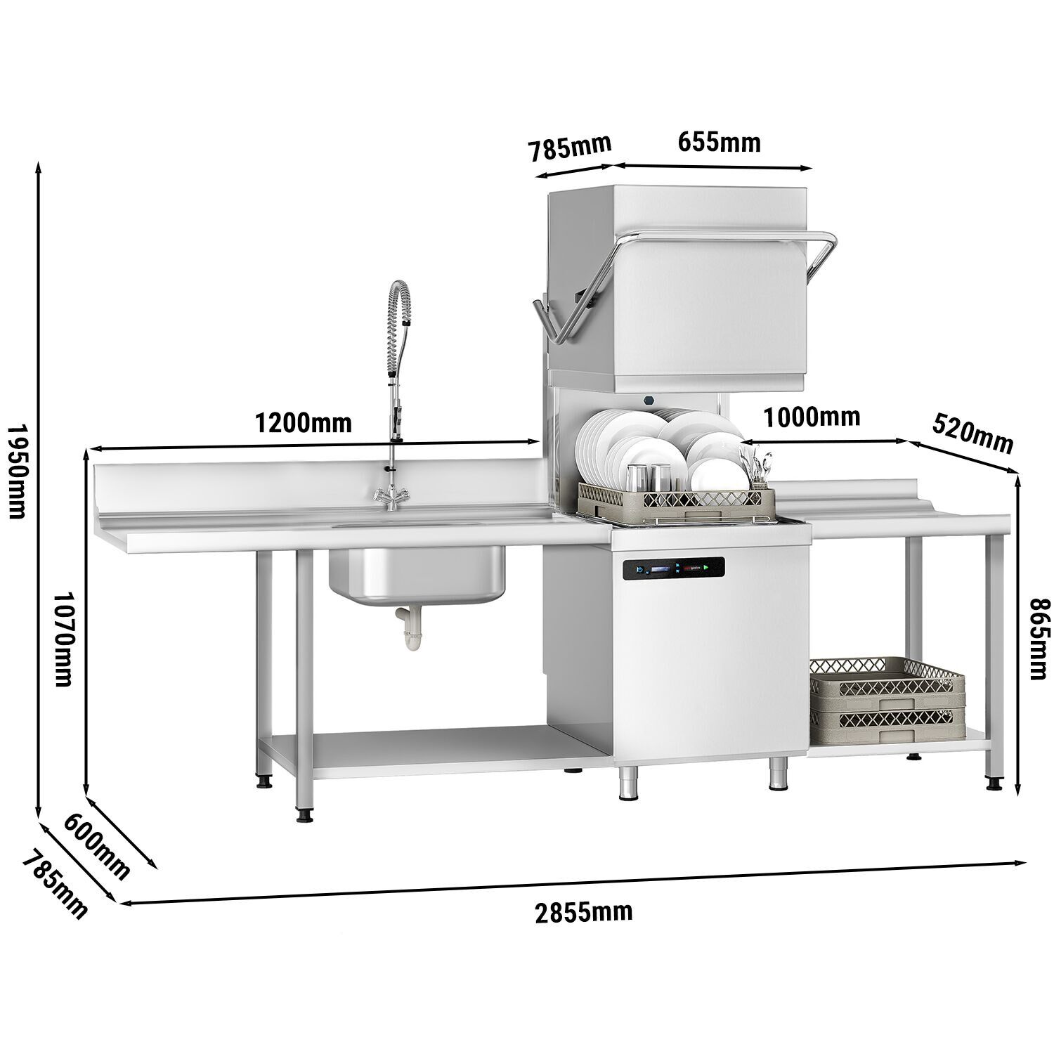 Lave-vaisselle à capot – Numérique – 7,1 kW – avec table d’entrée à gauche, table de sortie à droite et adoucisseur inclus – avec pompe de détergent et de rinçage