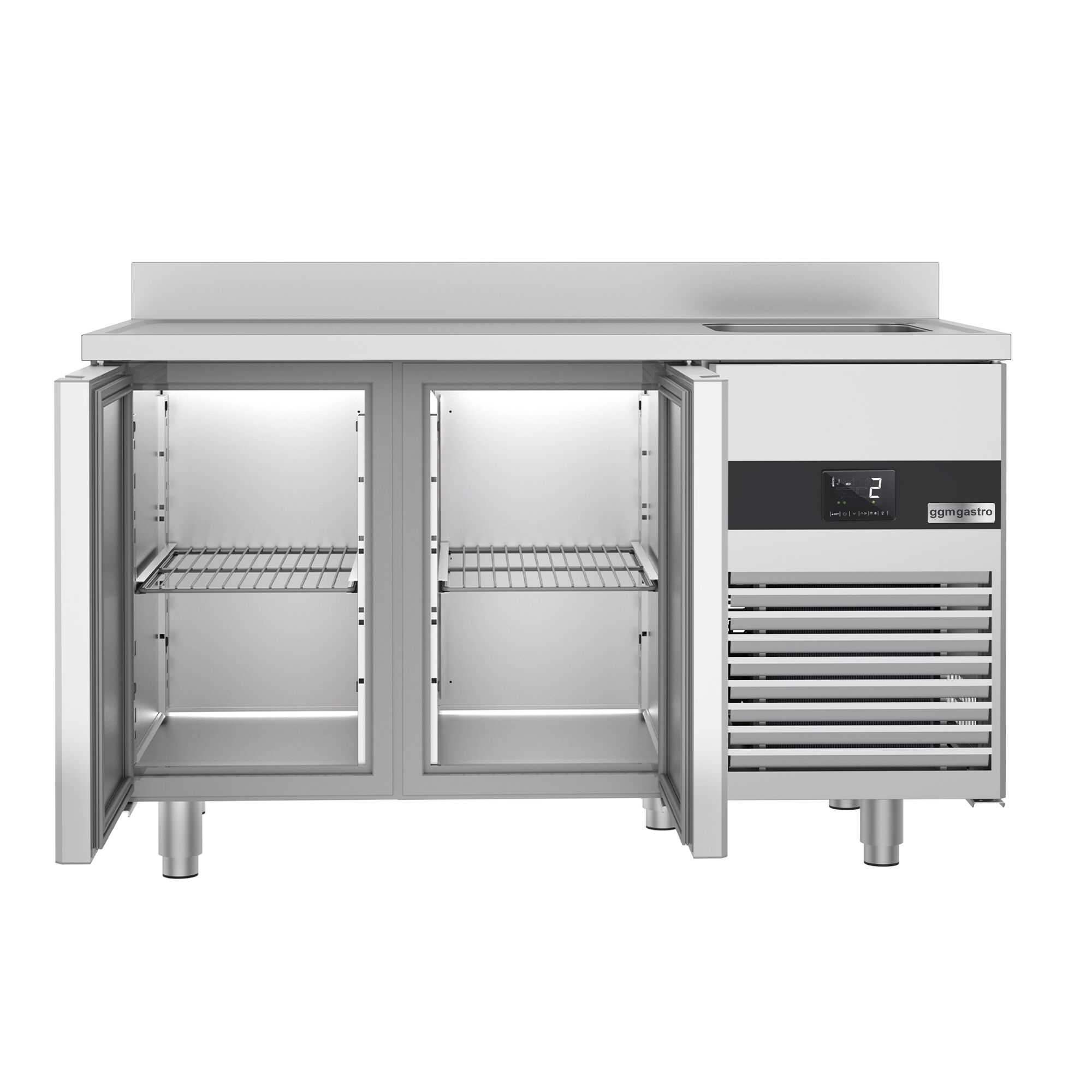 Commercial Counter Fridge PREMIUM - 1430x700mm - with 2 doors - sink right - with upstand - capacity 270 litres