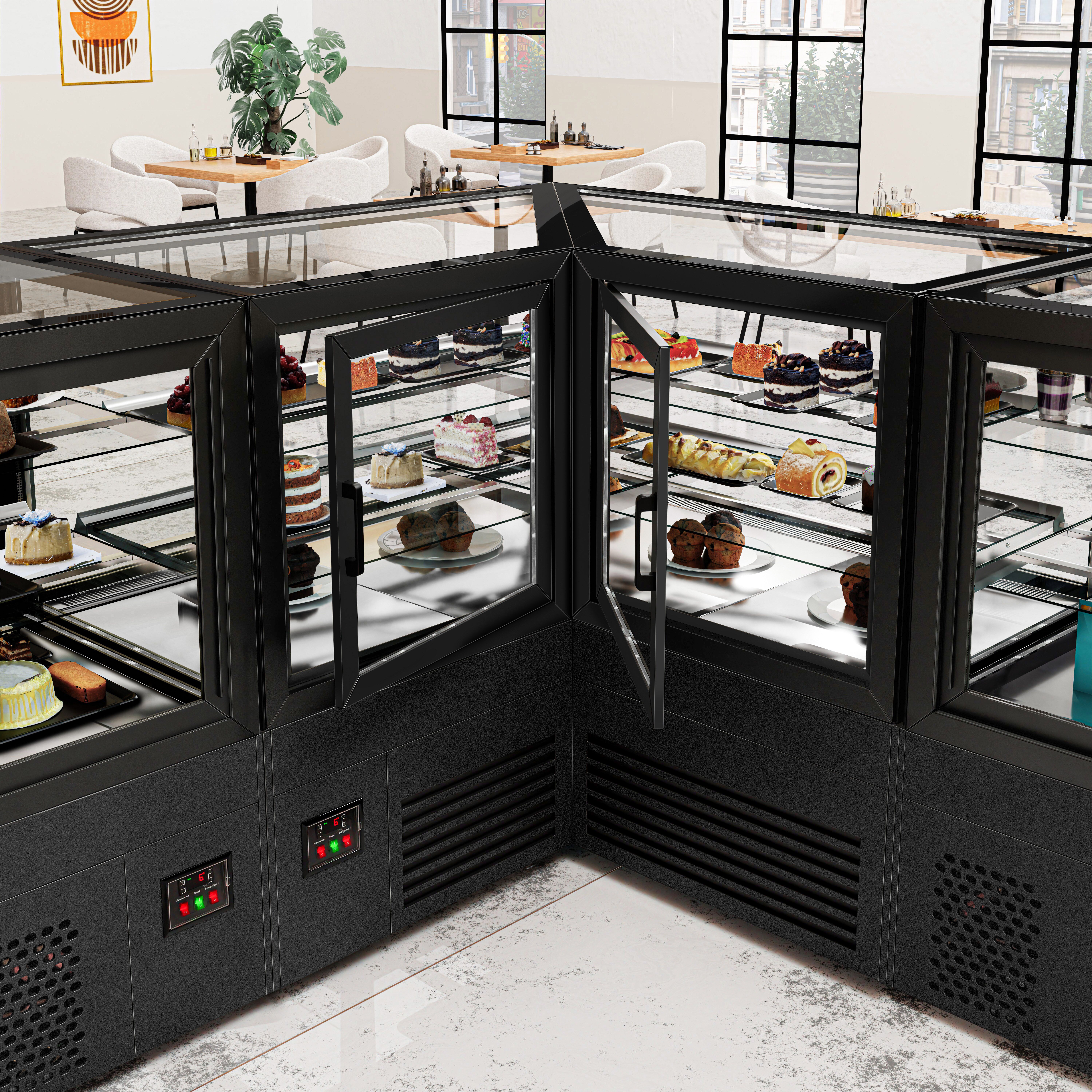 Vitrine à pâtisserie réfrigérée MADRID - 735L - 1500mm - Double vitrage - avec 2 étagères en verre - portes battantes arrière - pour pâtisseries - Noir mat