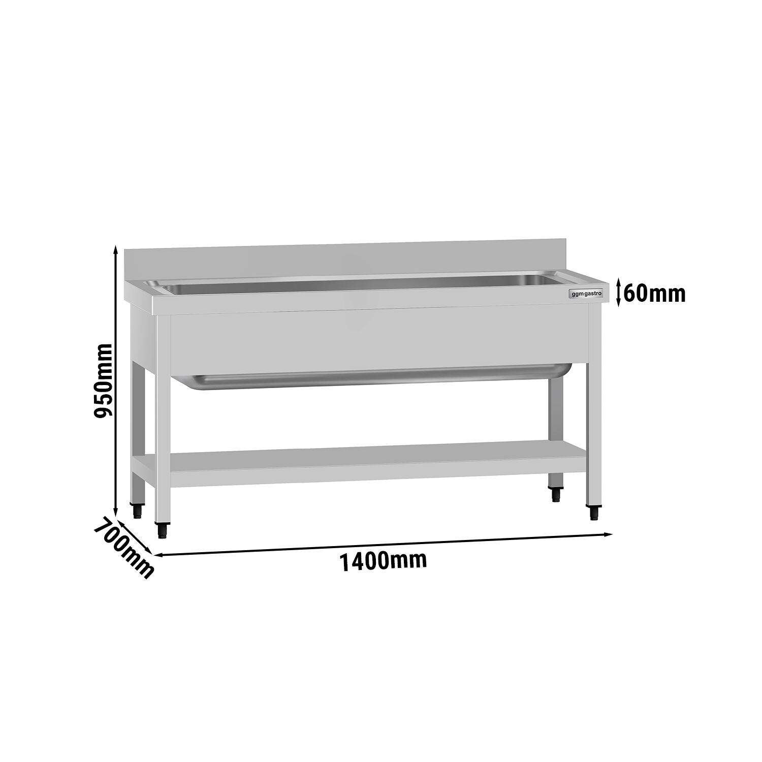 Plonge à marmites en inox ECO - 1400x700mm - avec étagère basse & 1 bac