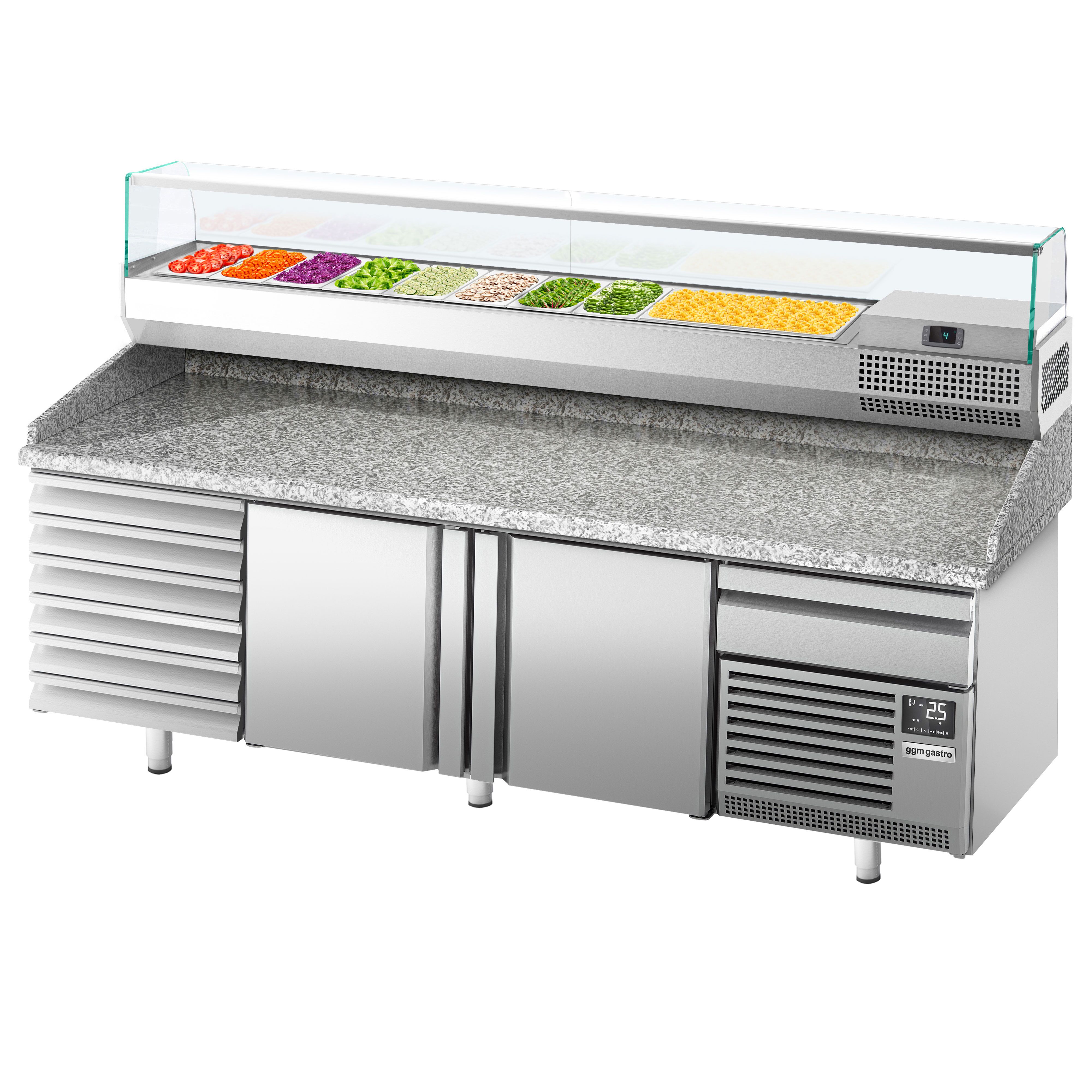 Table réfrigérée à pizza Premium PLUS - 2305 x 800 mm - avec 2 portes & 7 tiroirs - incl. vitrine réfrigérée de présentation - 10x GN 1/3