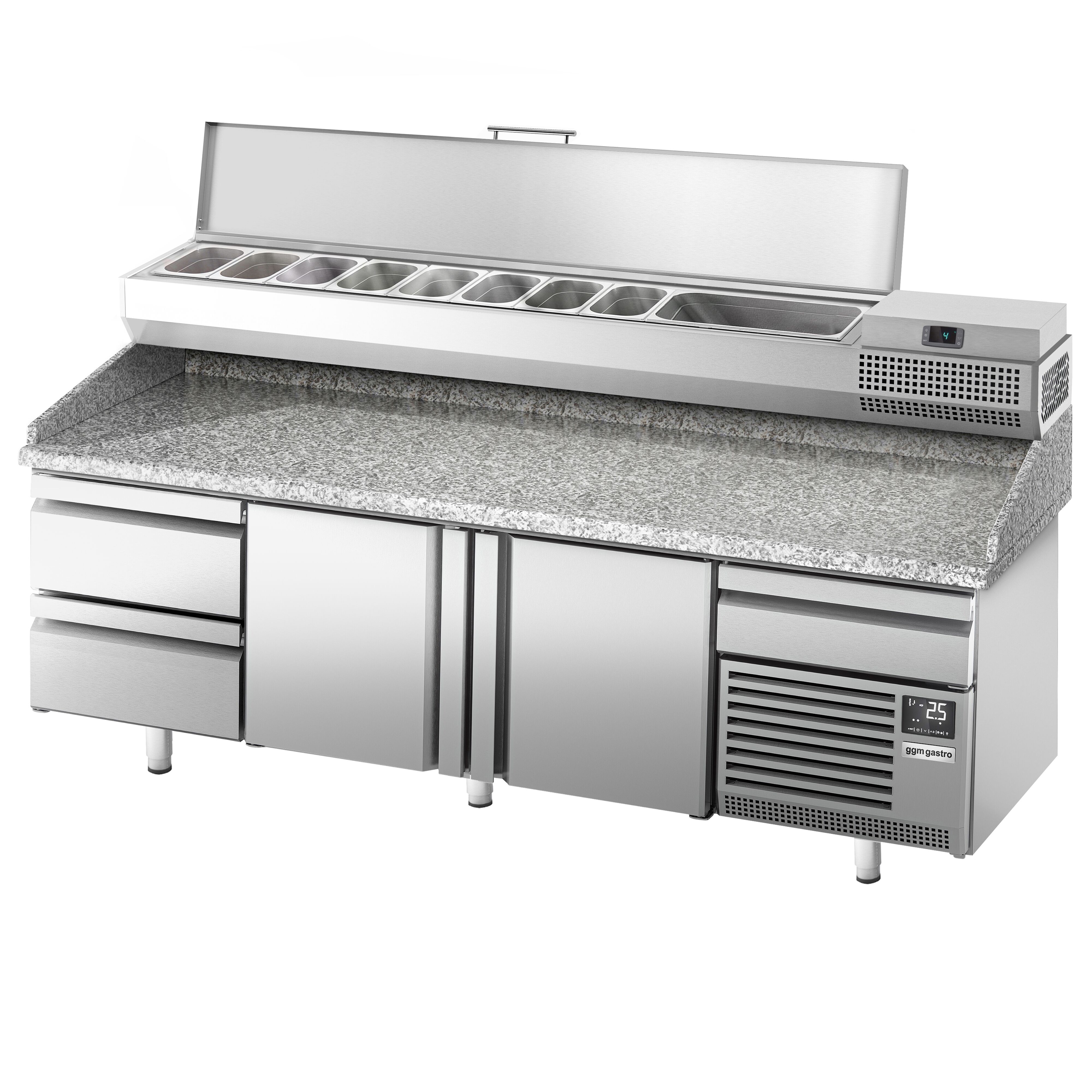 Table réfrigérée à pizza Premium PLUS - 2305 x 800 mm - avec 2 portes & 3 tiroirs - incl. vitrine réfrigérée de présentation - 10x GN 1/3