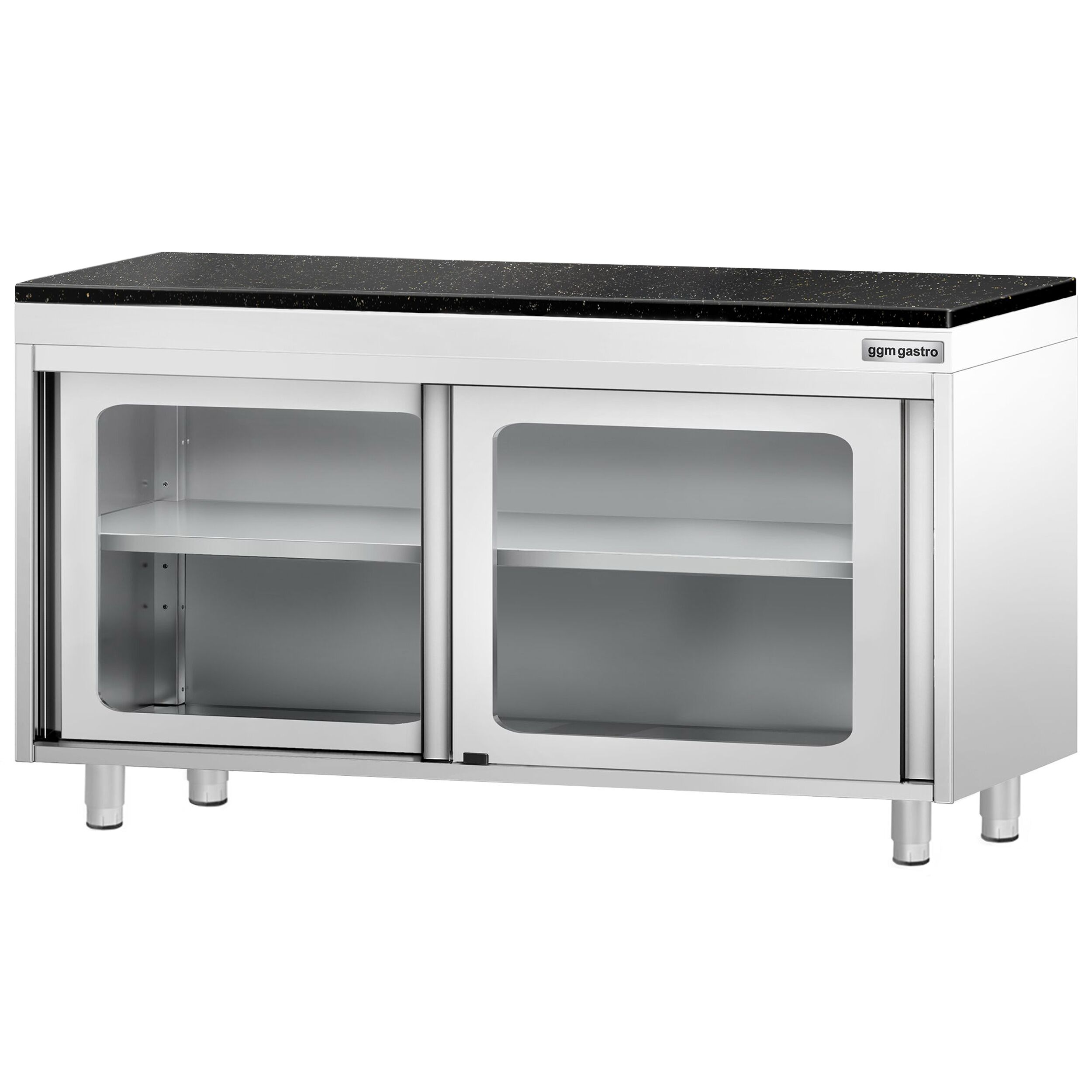 Edelstahl Arbeitsschrank PREMIUM - 1400x600mm - mit Glasschiebetür - inkl. Granitarbeitsplatte