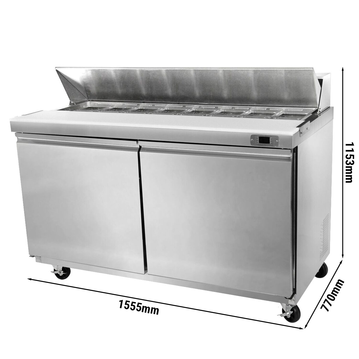 Saladette réfrigérée PREMIUM - 1555mm - 2 portes - avec découpe pour 16x GN 1/6 & Couvercle inox - incl. 16x conteneurs GN 1/6